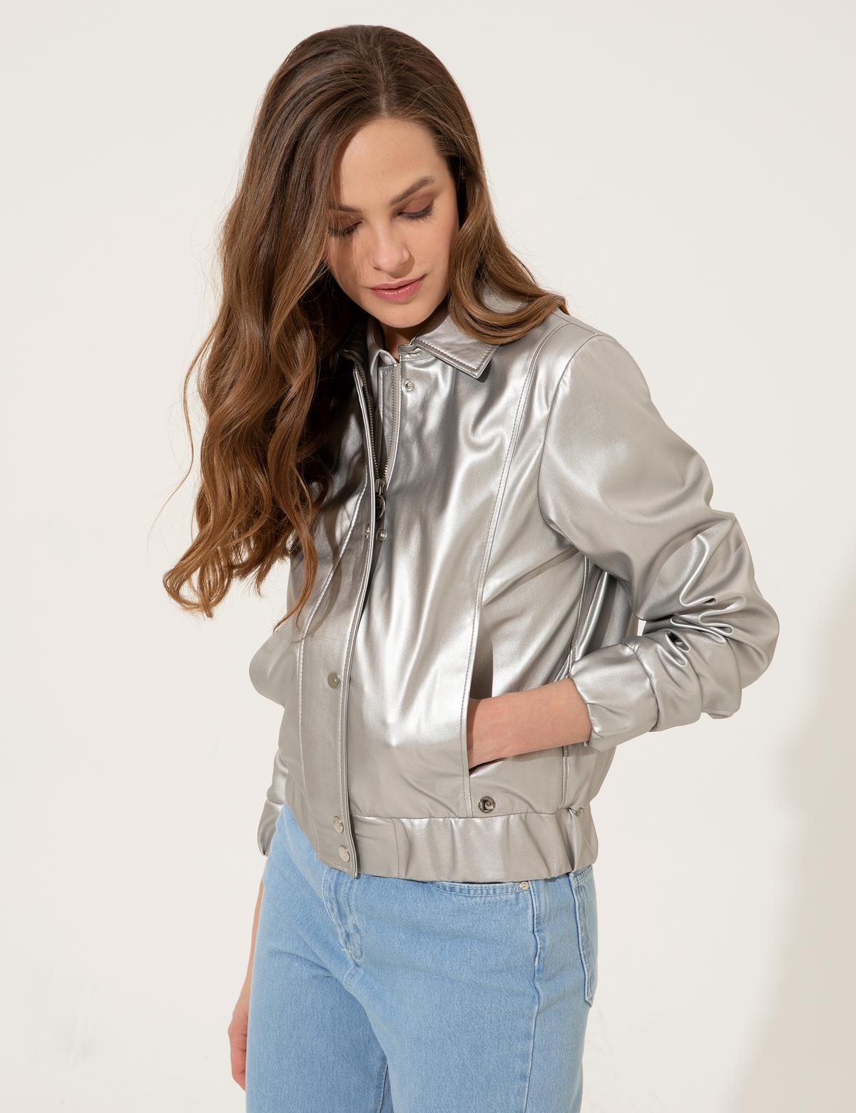 Gümüş Parlak Deri Ceket - 50252500003