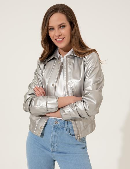 Gümüş Parlak Deri Ceket - 50252500003