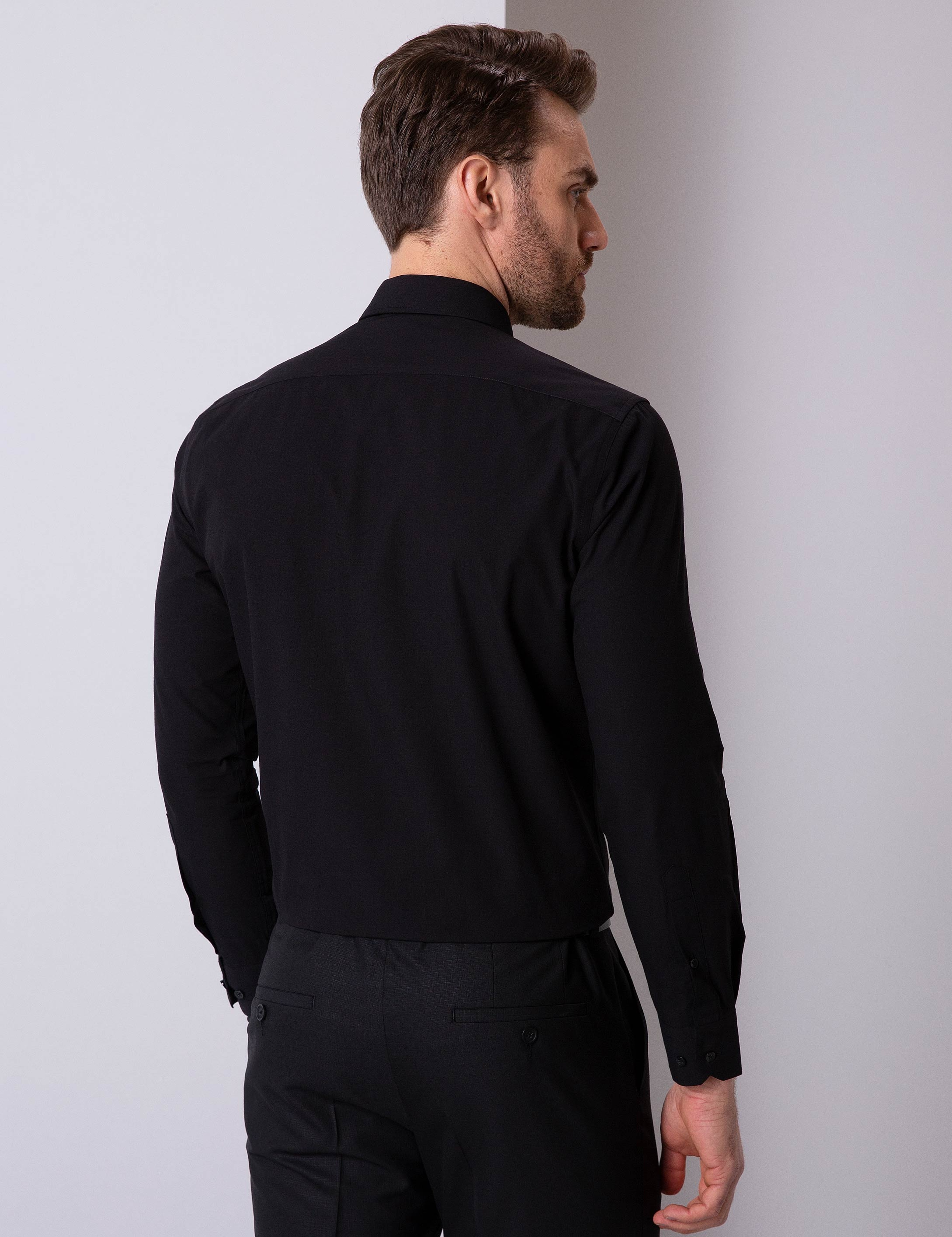 Siyah Slim Fit Basic Gömlek - Image 3