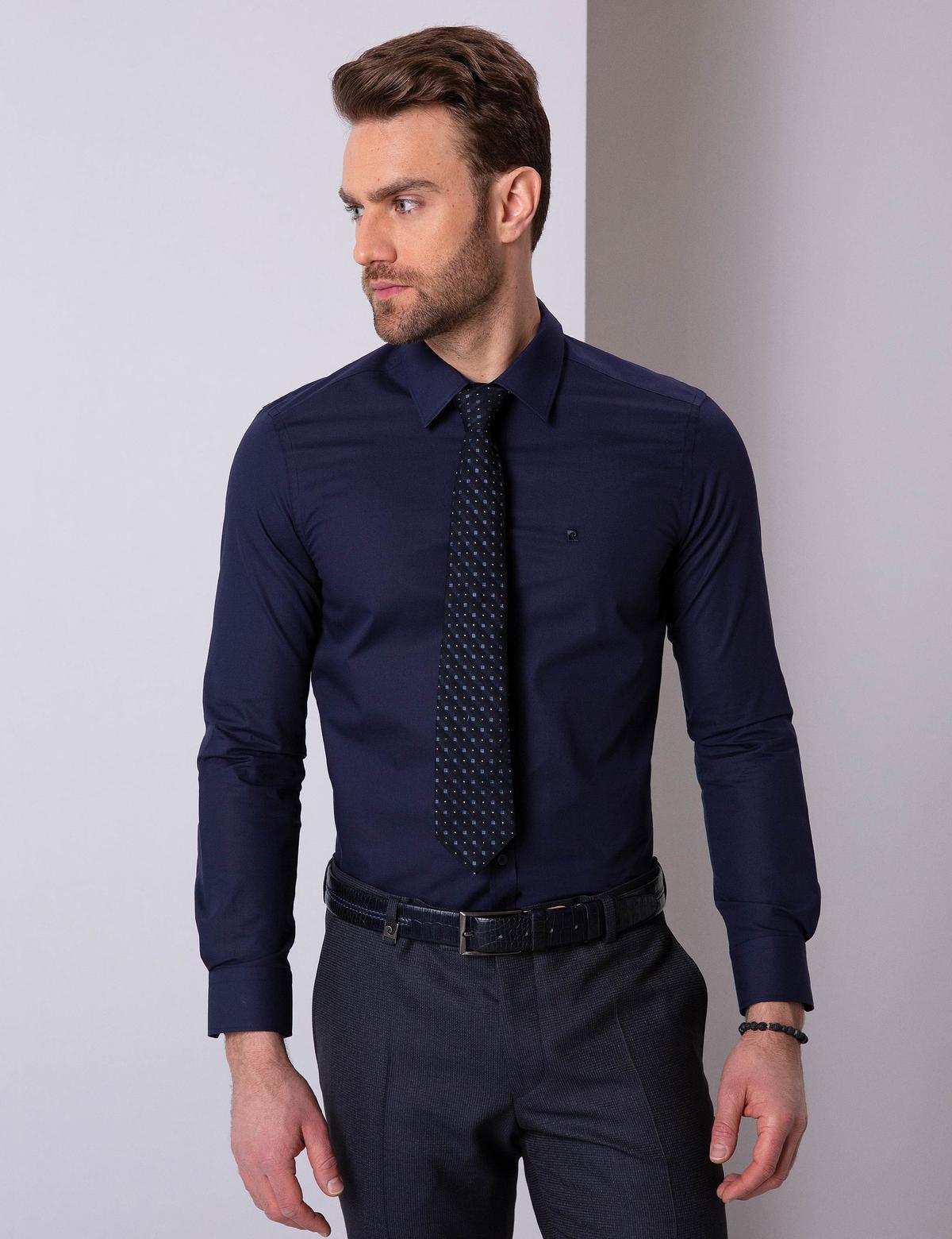 Lacivert Slim Fit Uzun Kollu Basic Gömlek