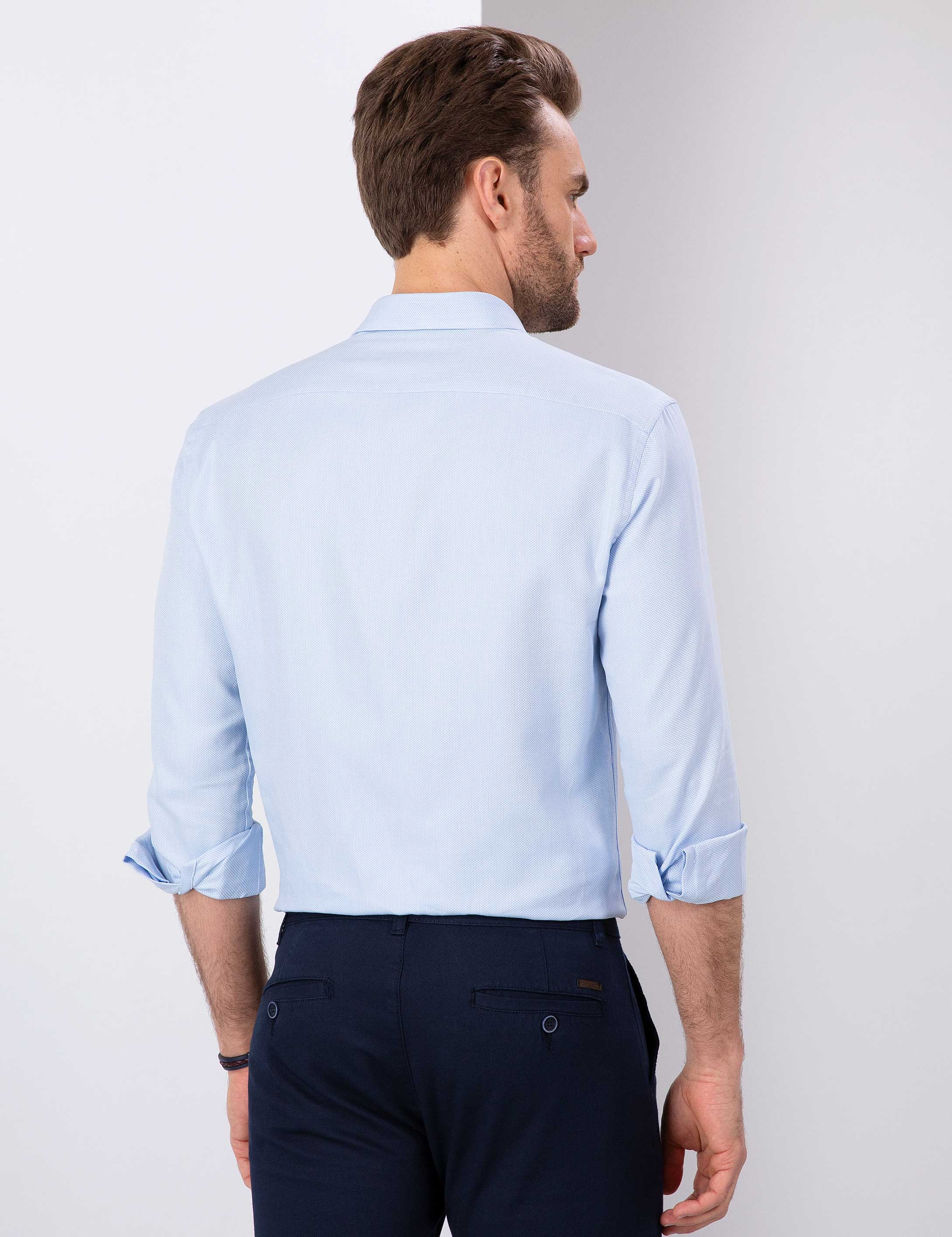 Açık Mavi Slim Fit Oxford Gömlek - Image 3