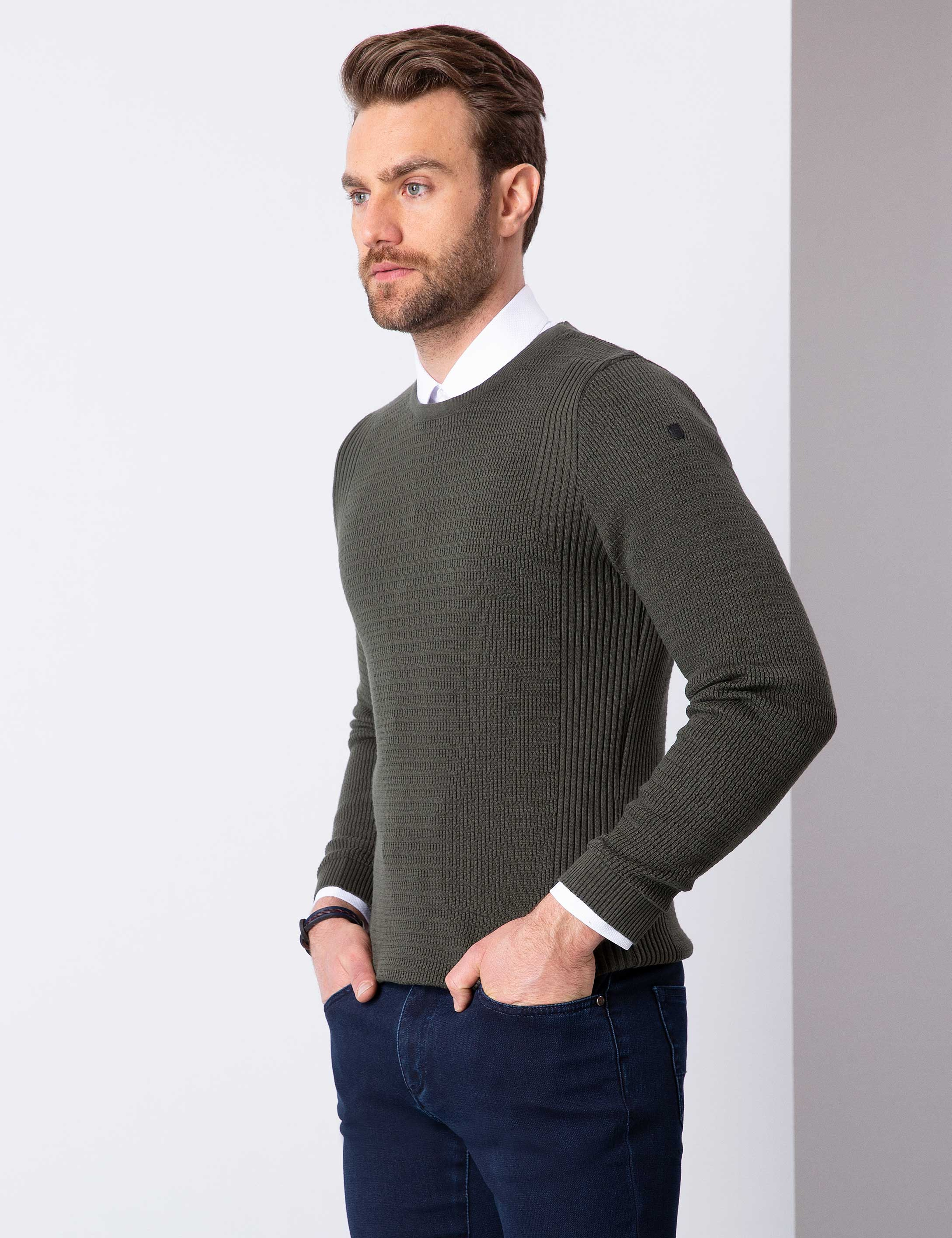 Haki Slim Fit Kazak