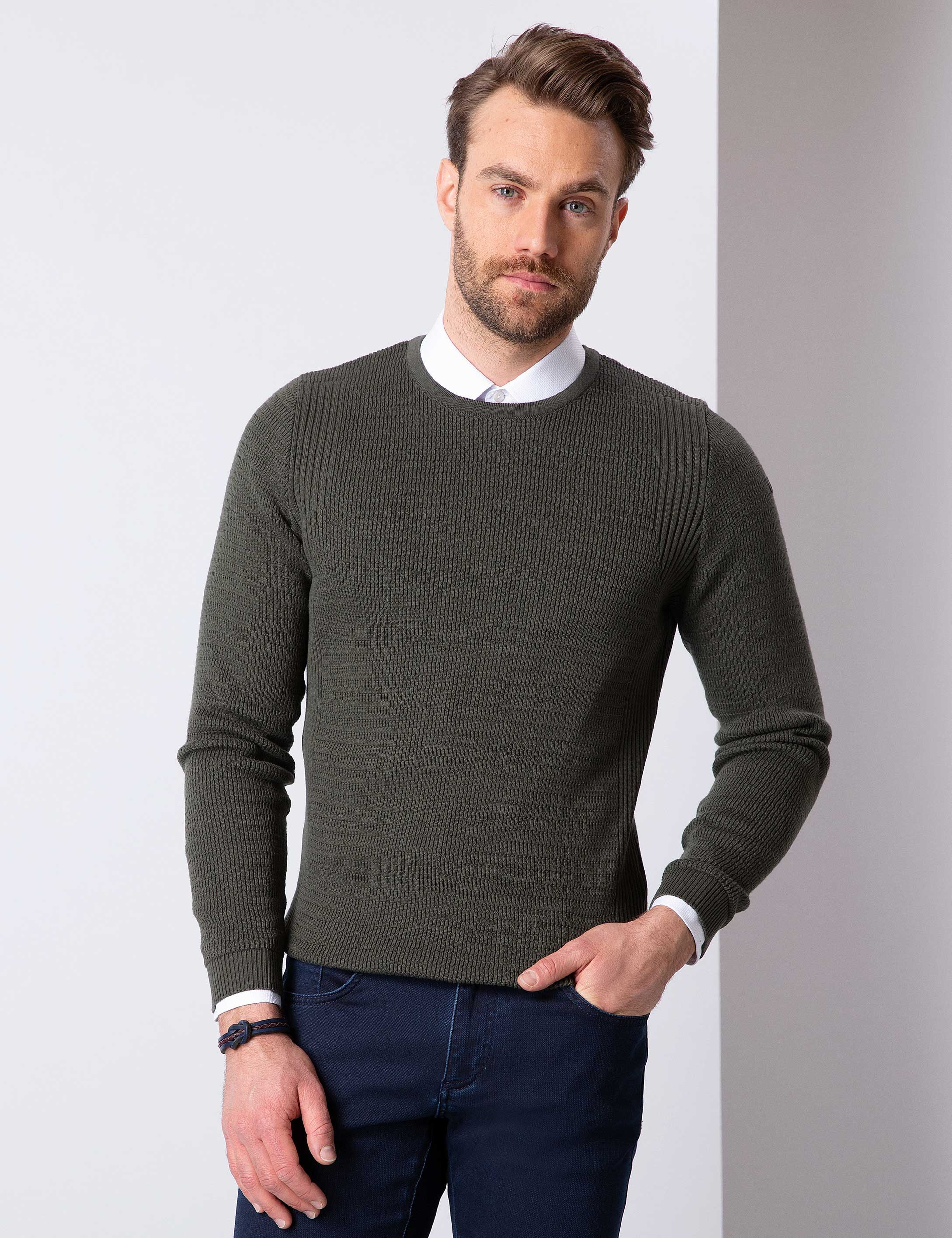 Haki Slim Fit Kazak - Image 1