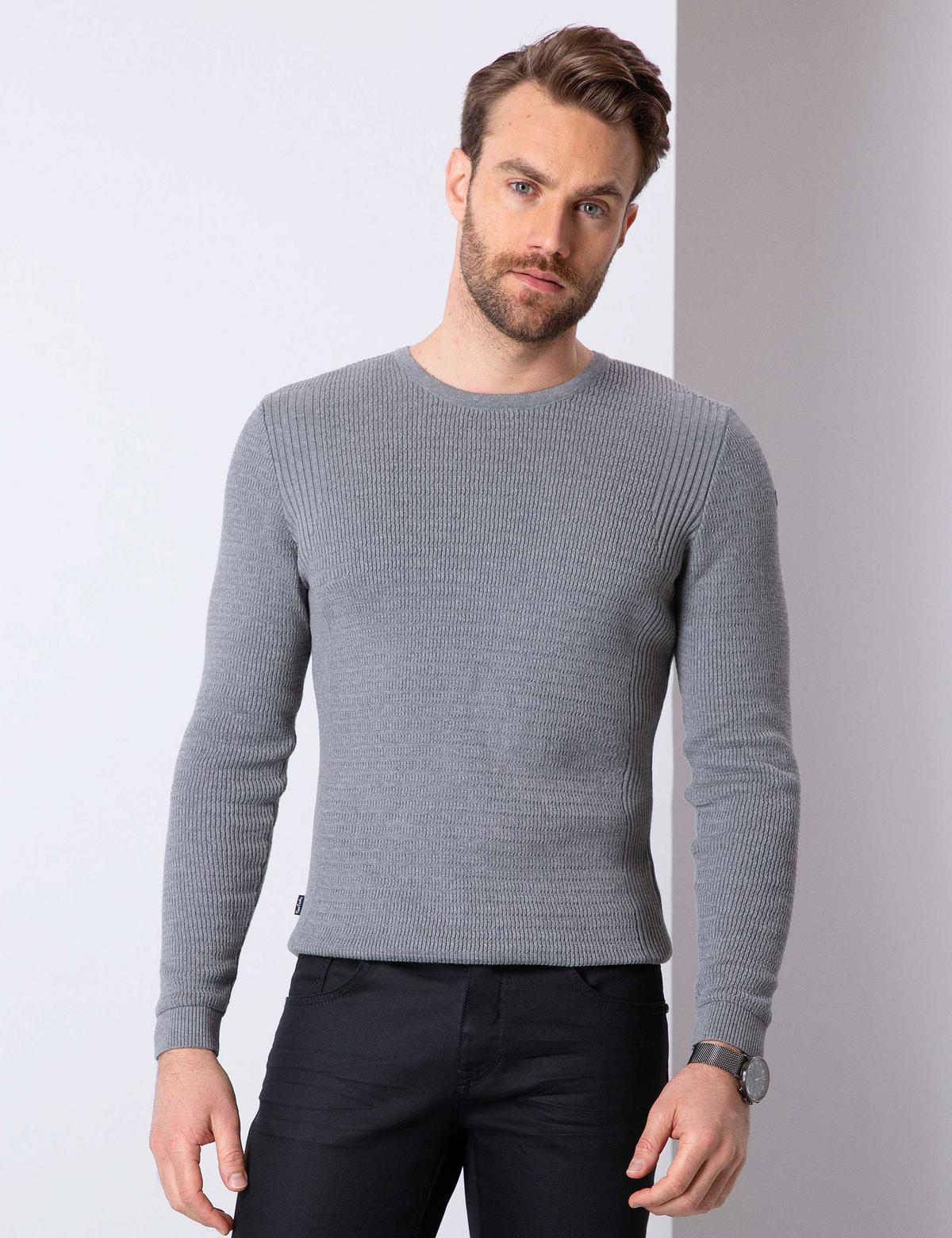 Gri Melanj Slim Fit Bisiklet Yaka Triko Kazak