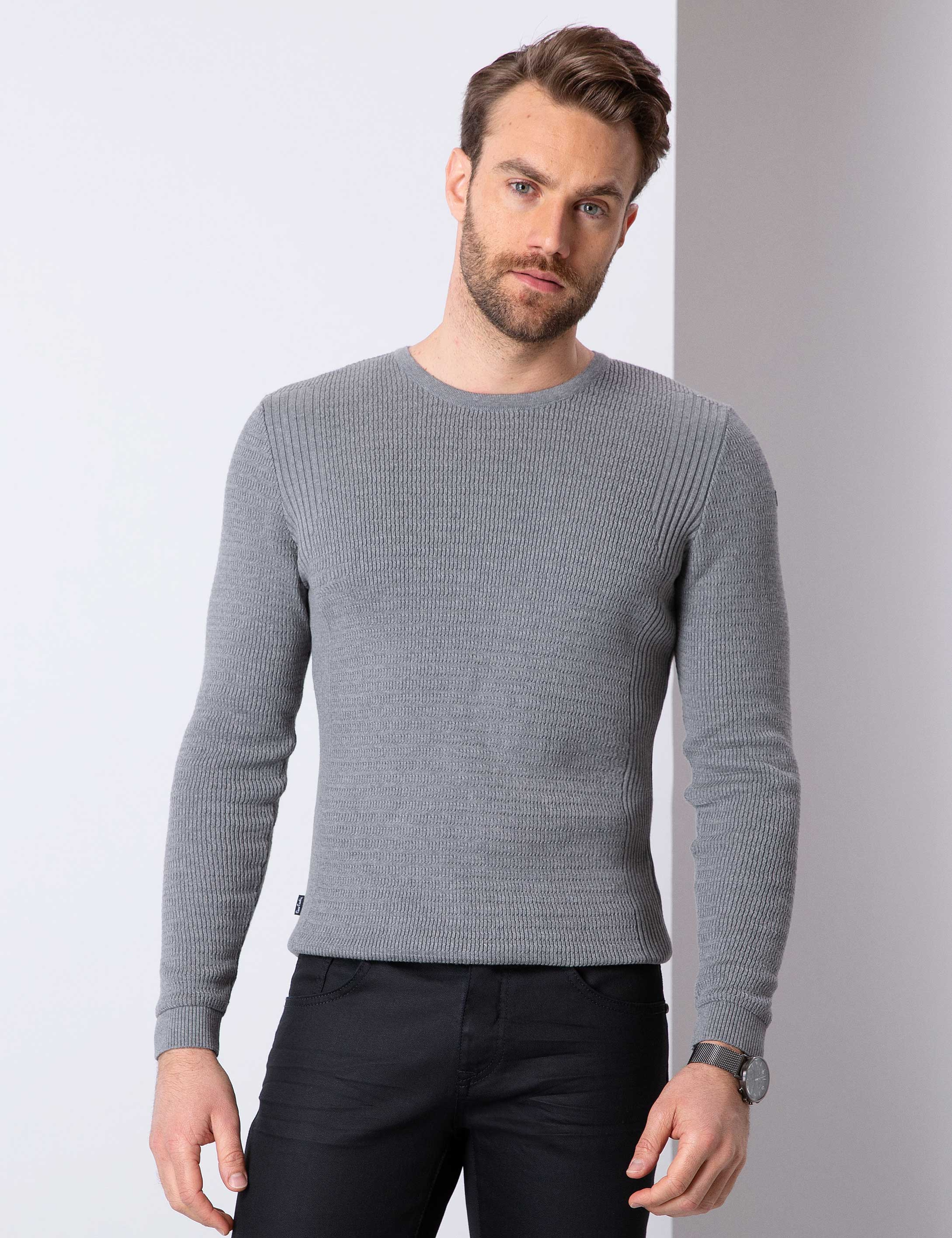 Gri Melanj Slim Fit Bisiklet Yaka Triko Kazak - Image 1