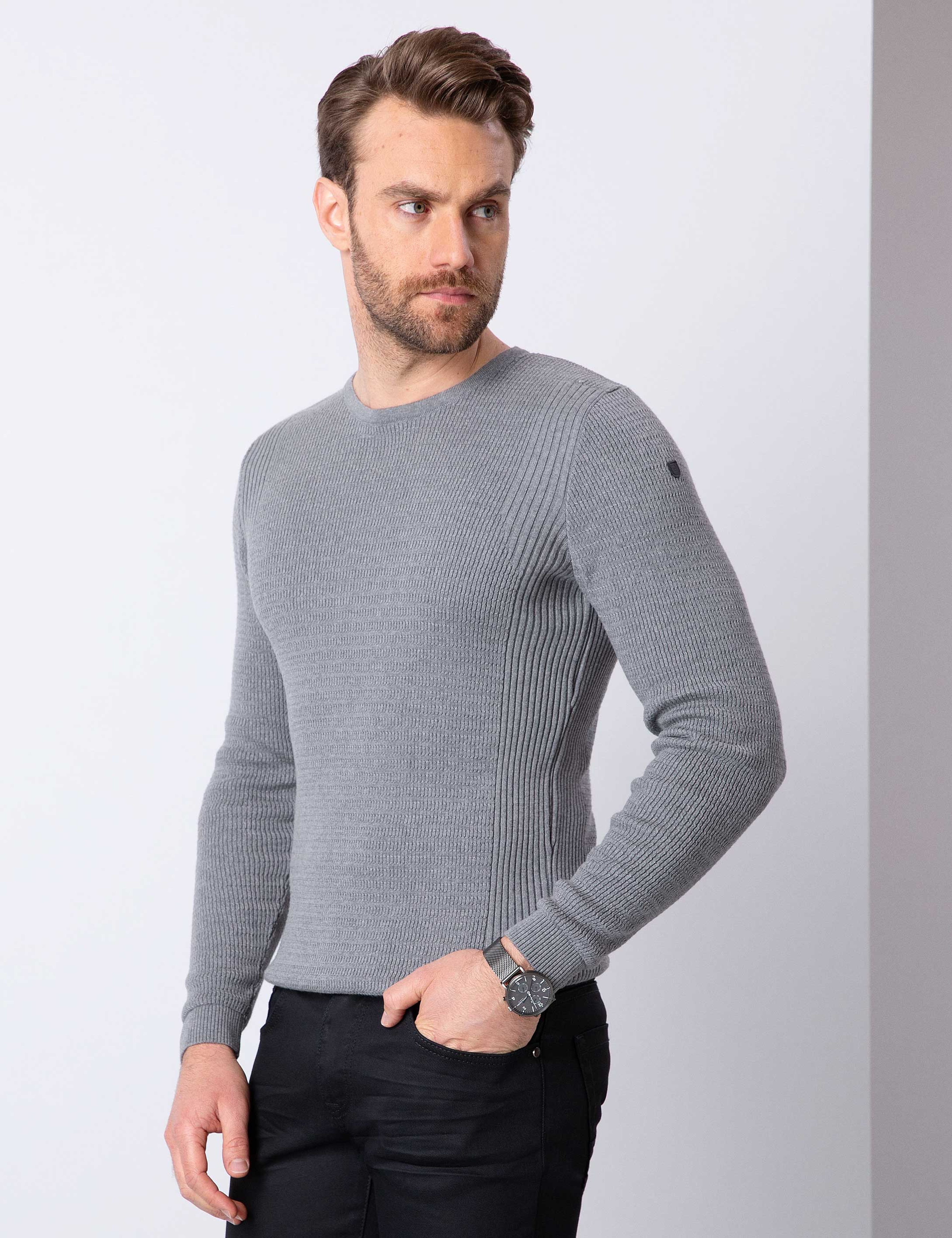 Gri Melanj Slim Fit Bisiklet Yaka Triko Kazak - Image 2