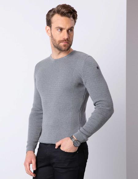 Gri Melanj Slim Fit Bisiklet Yaka Triko Kazak - 50209935091