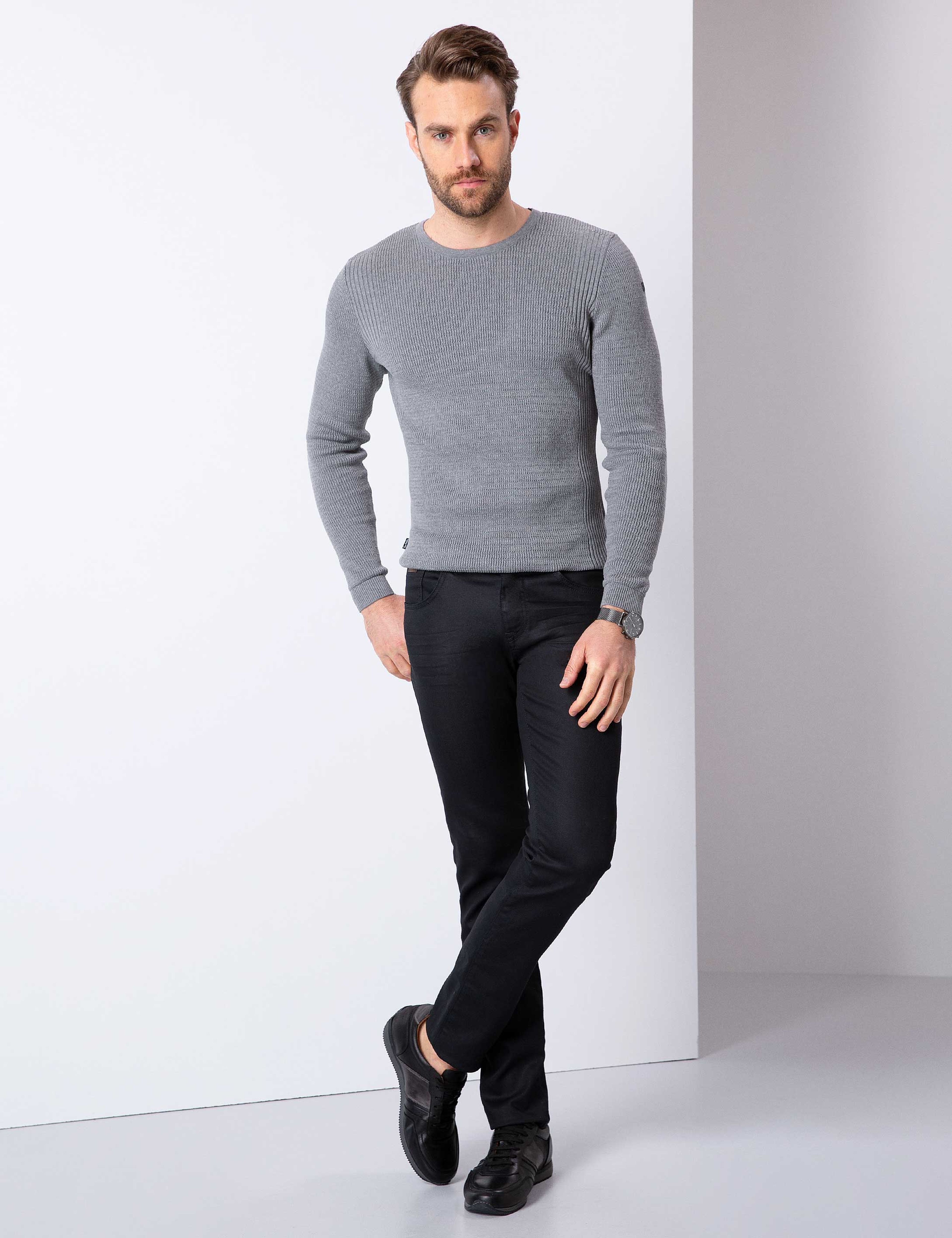 Gri Melanj Slim Fit Bisiklet Yaka Triko Kazak - Image 4