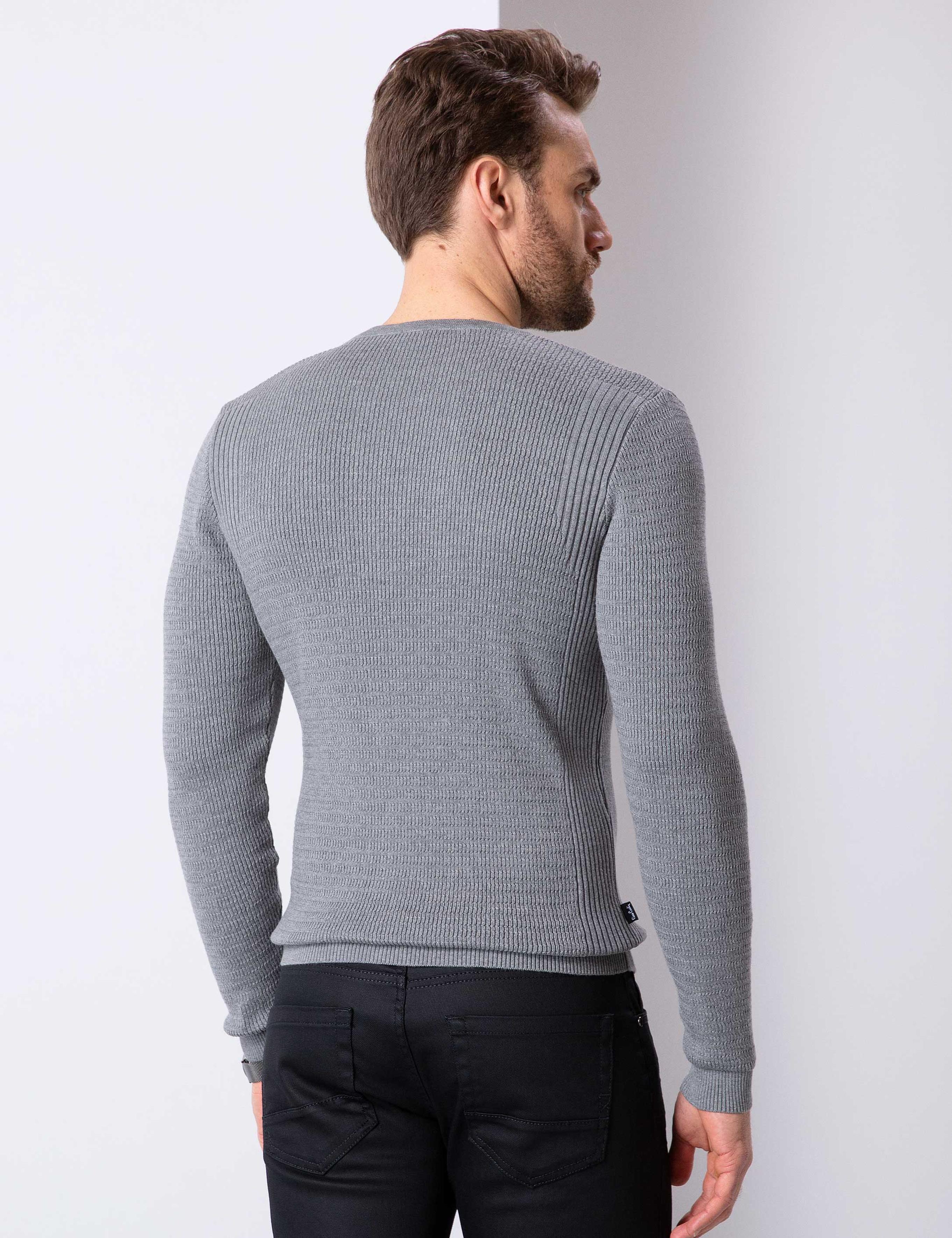 Gri Melanj Slim Fit Bisiklet Yaka Triko Kazak