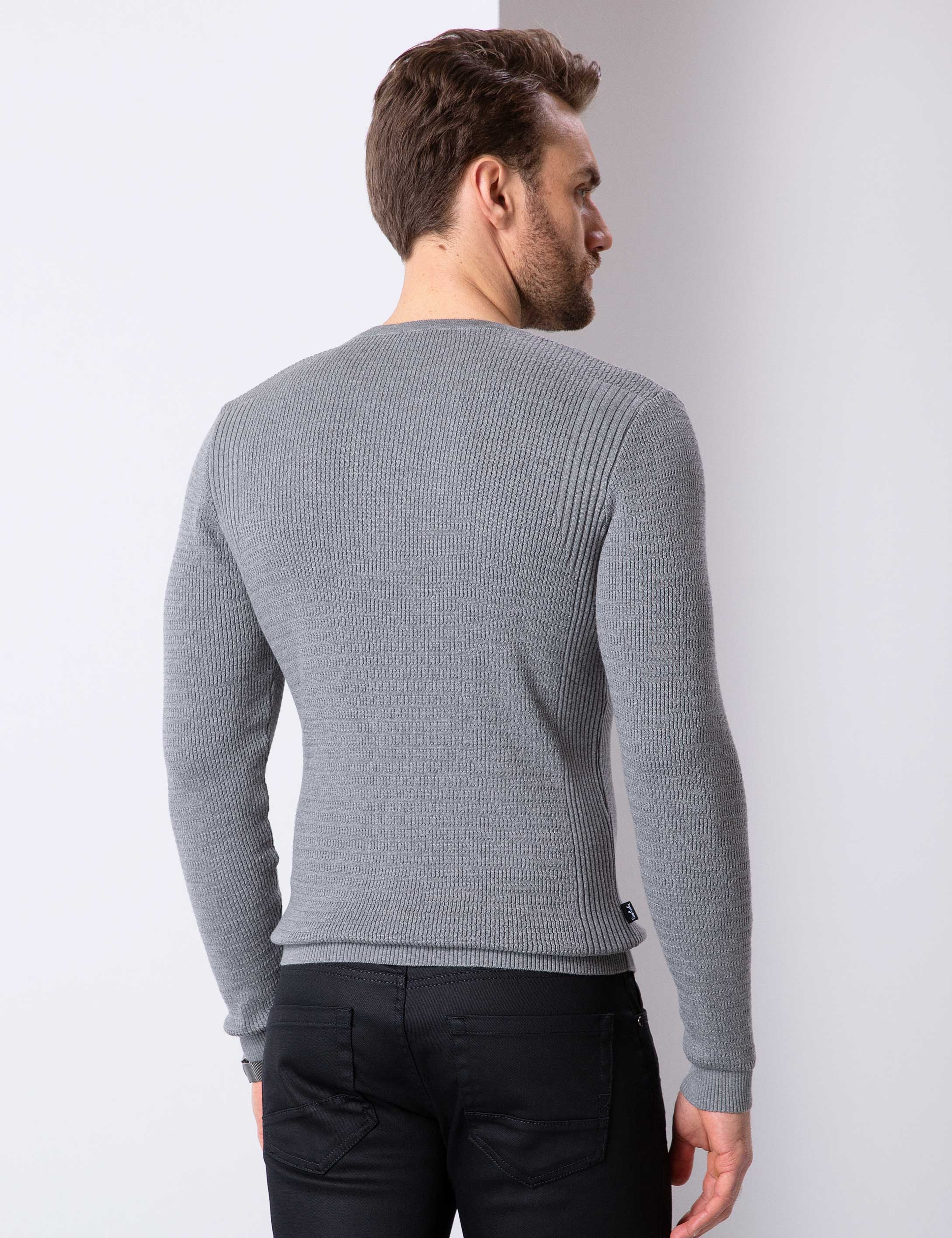 Gri Melanj Slim Fit Bisiklet Yaka Triko Kazak - Image 5