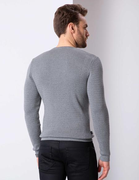 Gri Melanj Slim Fit Bisiklet Yaka Triko Kazak - 50209935091