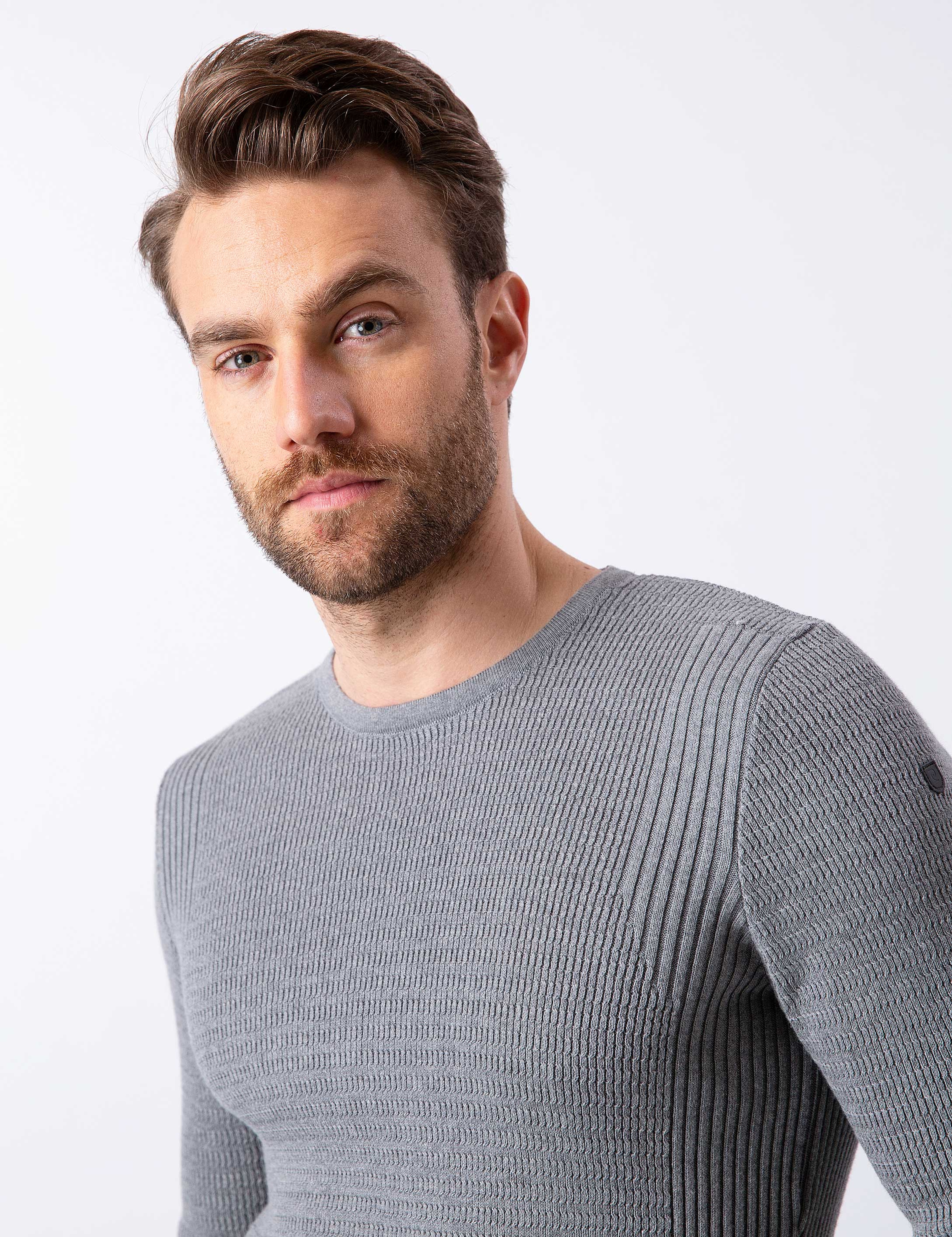Gri Melanj Slim Fit Bisiklet Yaka Triko Kazak - Image 3