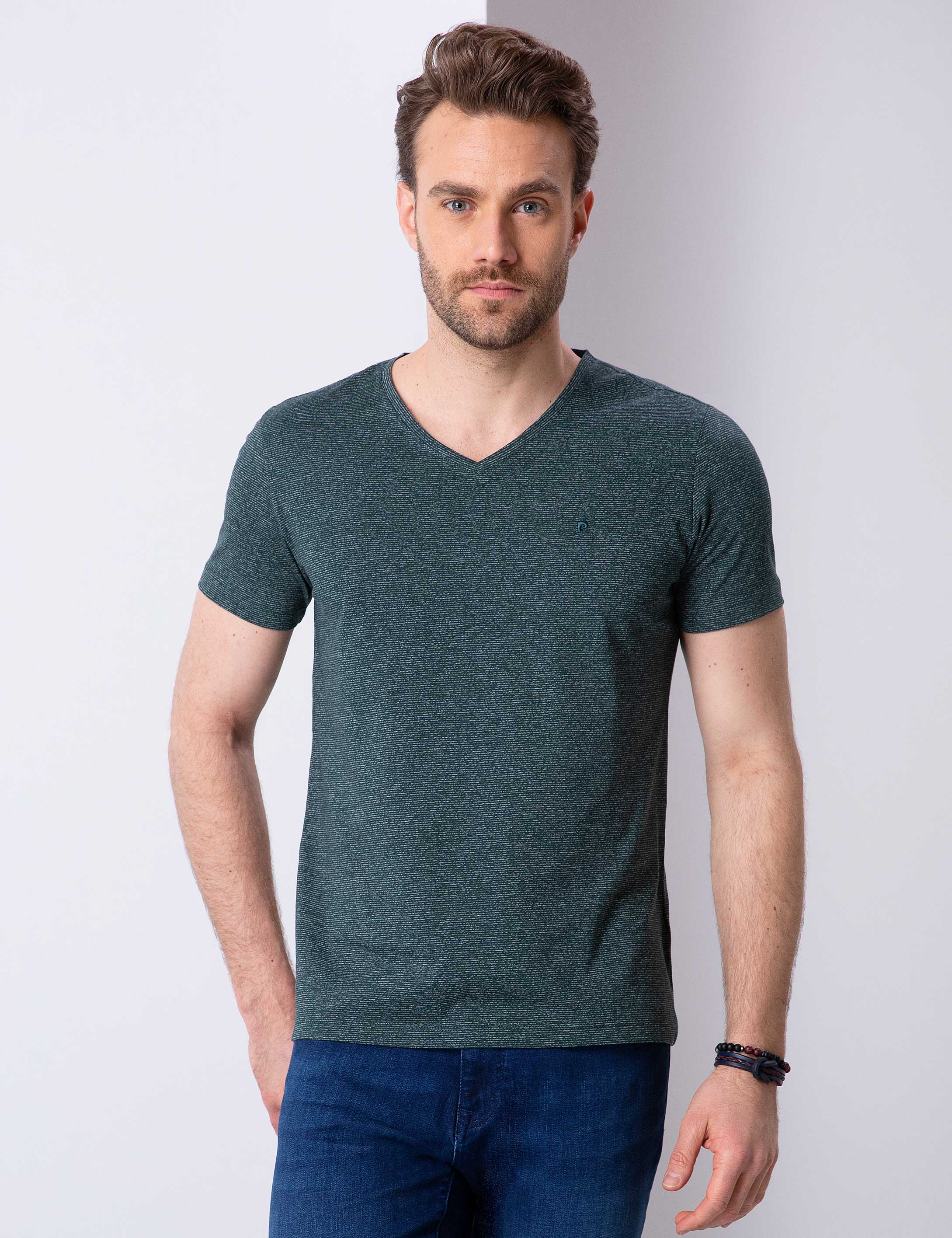 Koyu Yeşil Slim Fit V Yaka T-Shirt