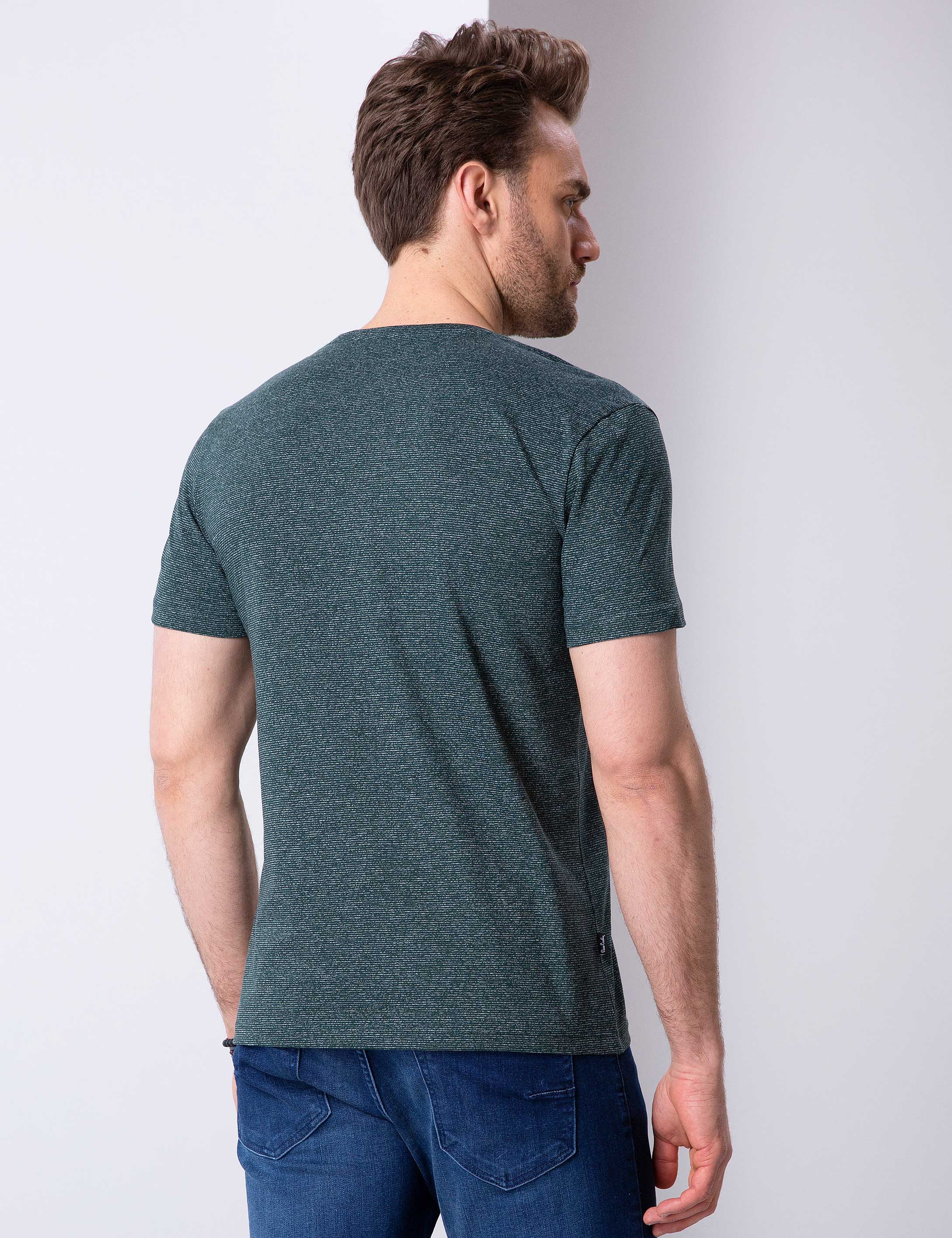 Koyu Yeşil Slim Fit V Yaka T-Shirt - Image 4