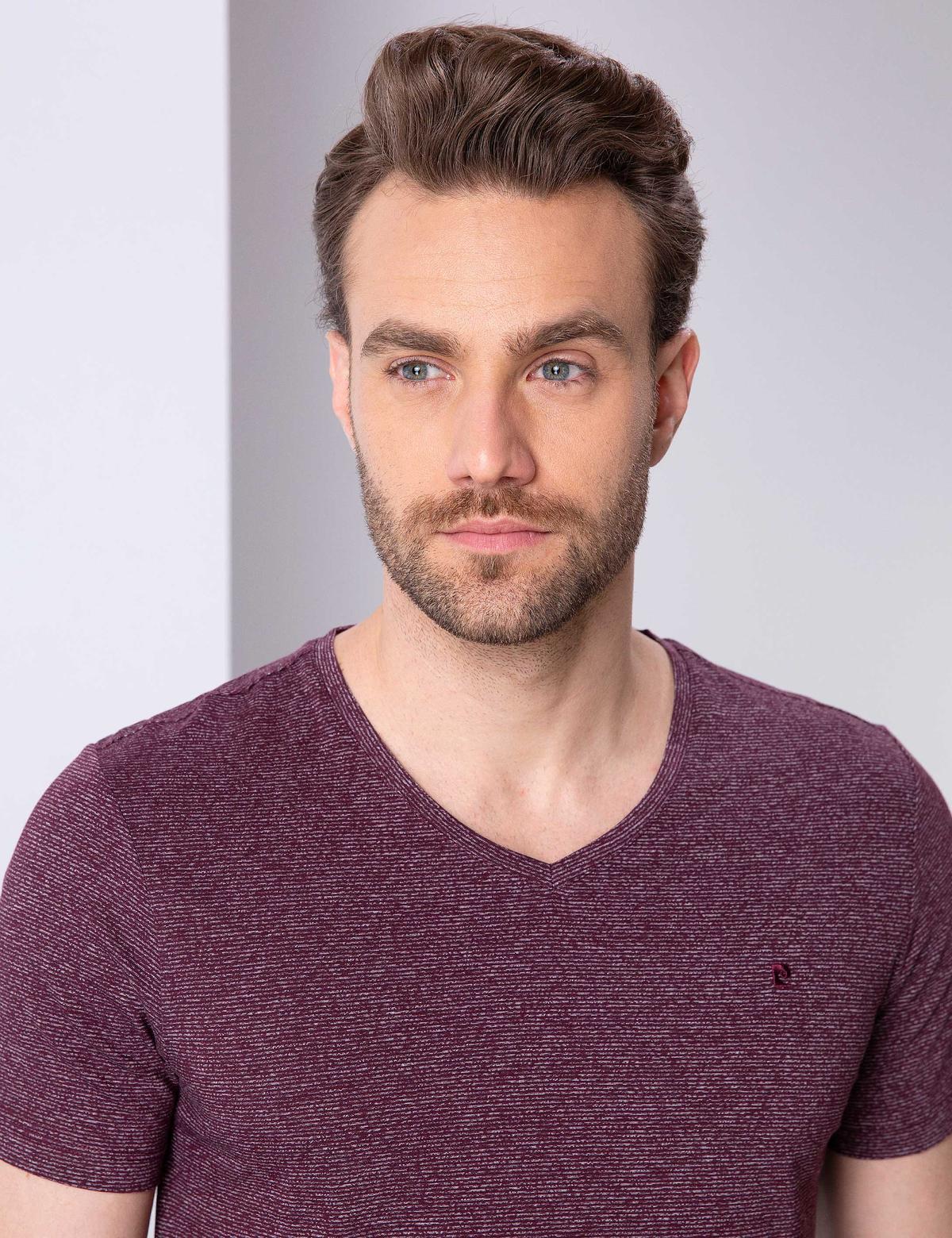 Bordo Slim Fit V Yaka Basic T-Shirt - 50210219032