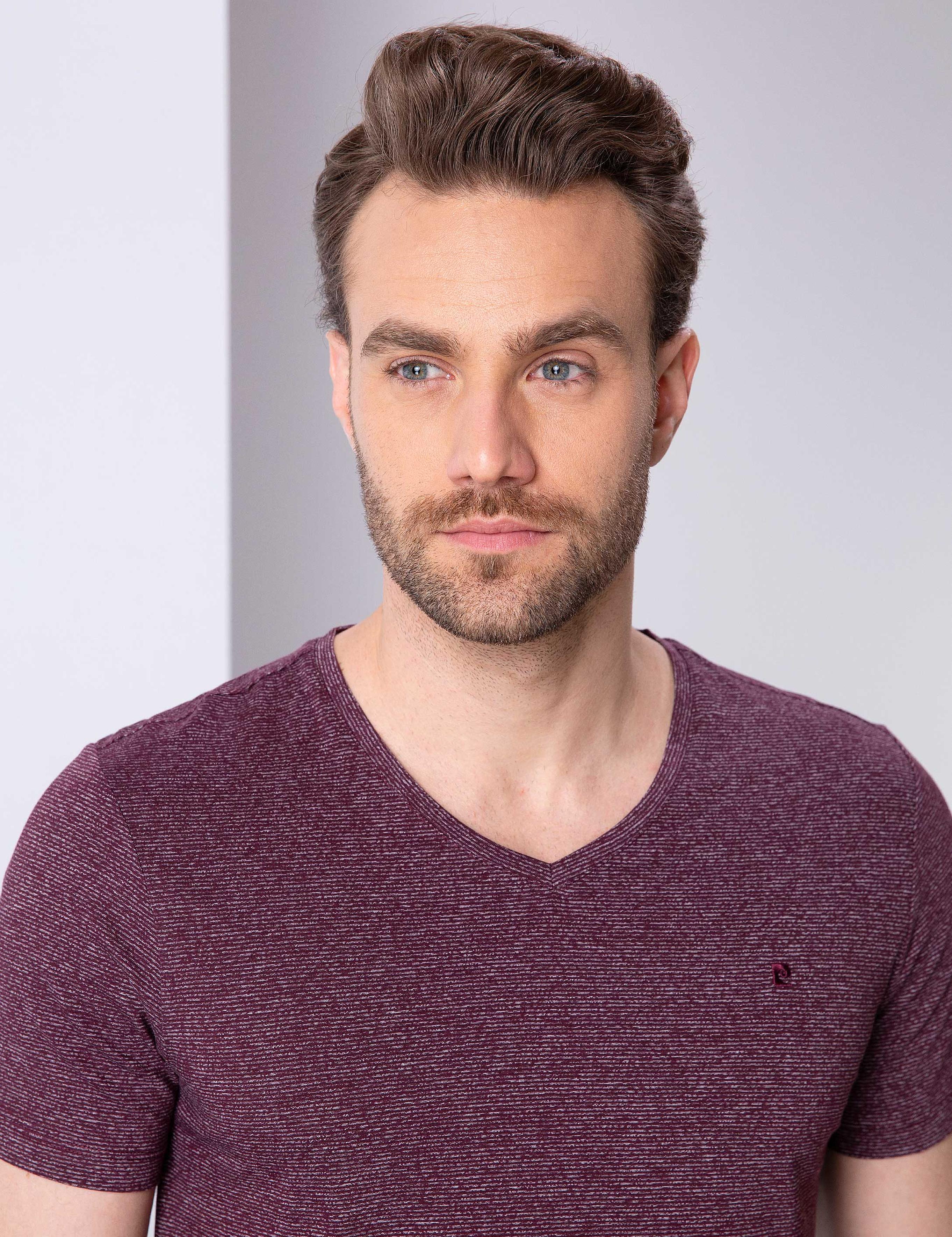 Bordo Slim Fit V Yaka Basic T-Shirt