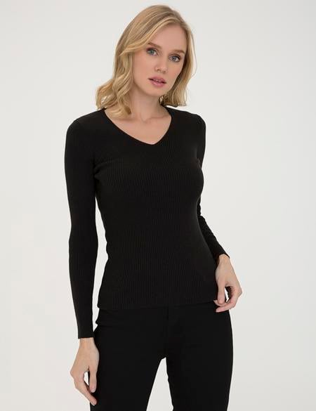 Siyah Slim Fit V Yaka Triko Kazak - 50210380002