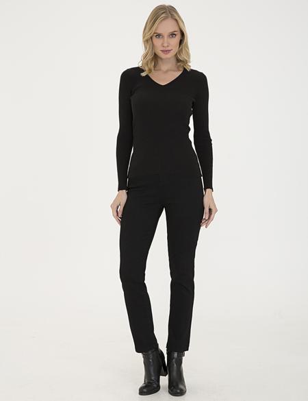 Siyah Slim Fit V Yaka Triko Kazak - 50210380002