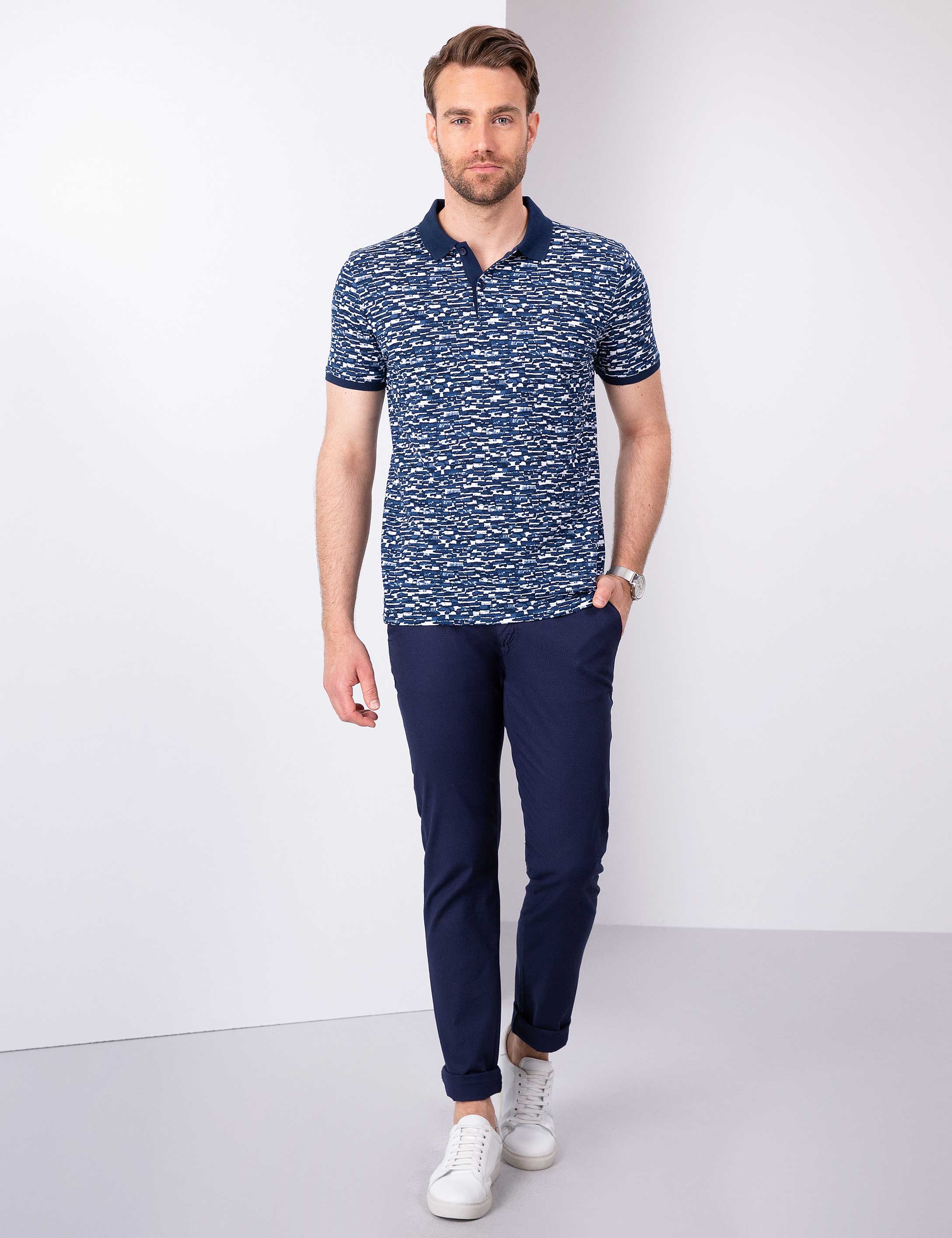 Lacivert Slim Fit Desenli Polo Yaka Tişört