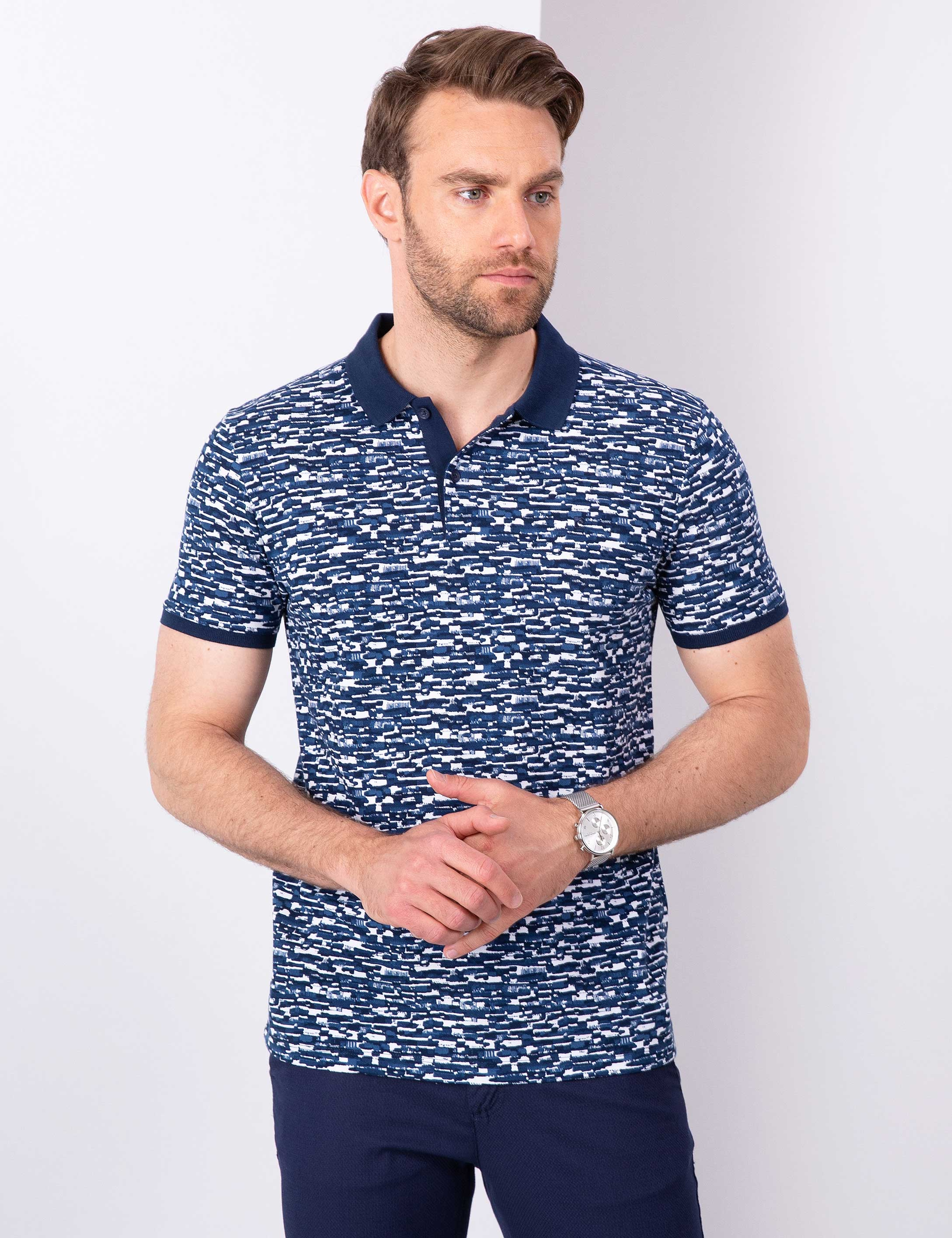 Lacivert Slim Fit Desenli Polo Yaka Tişört