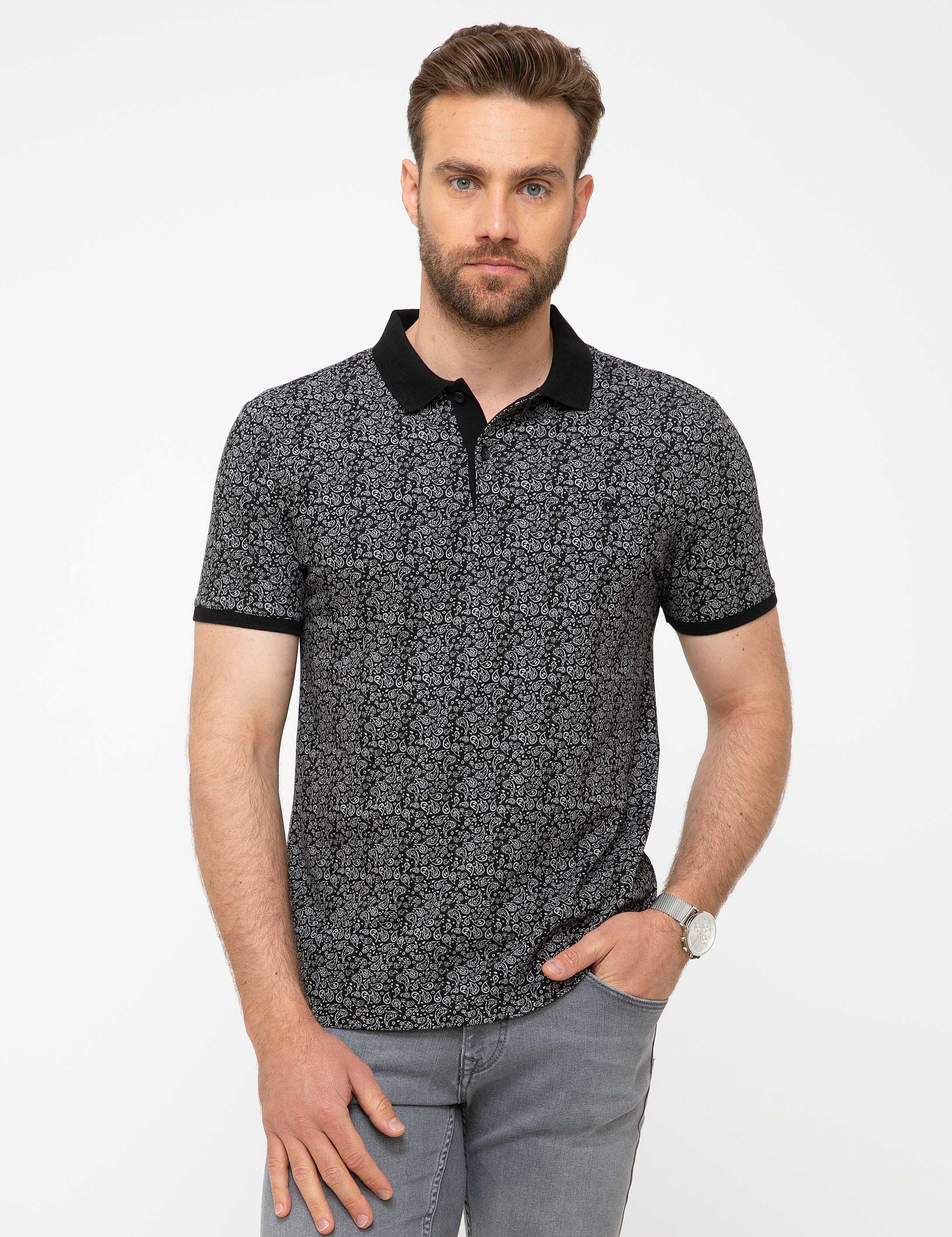 Siyah Slim Fit Polo Yaka T-Shirt - Image 2
