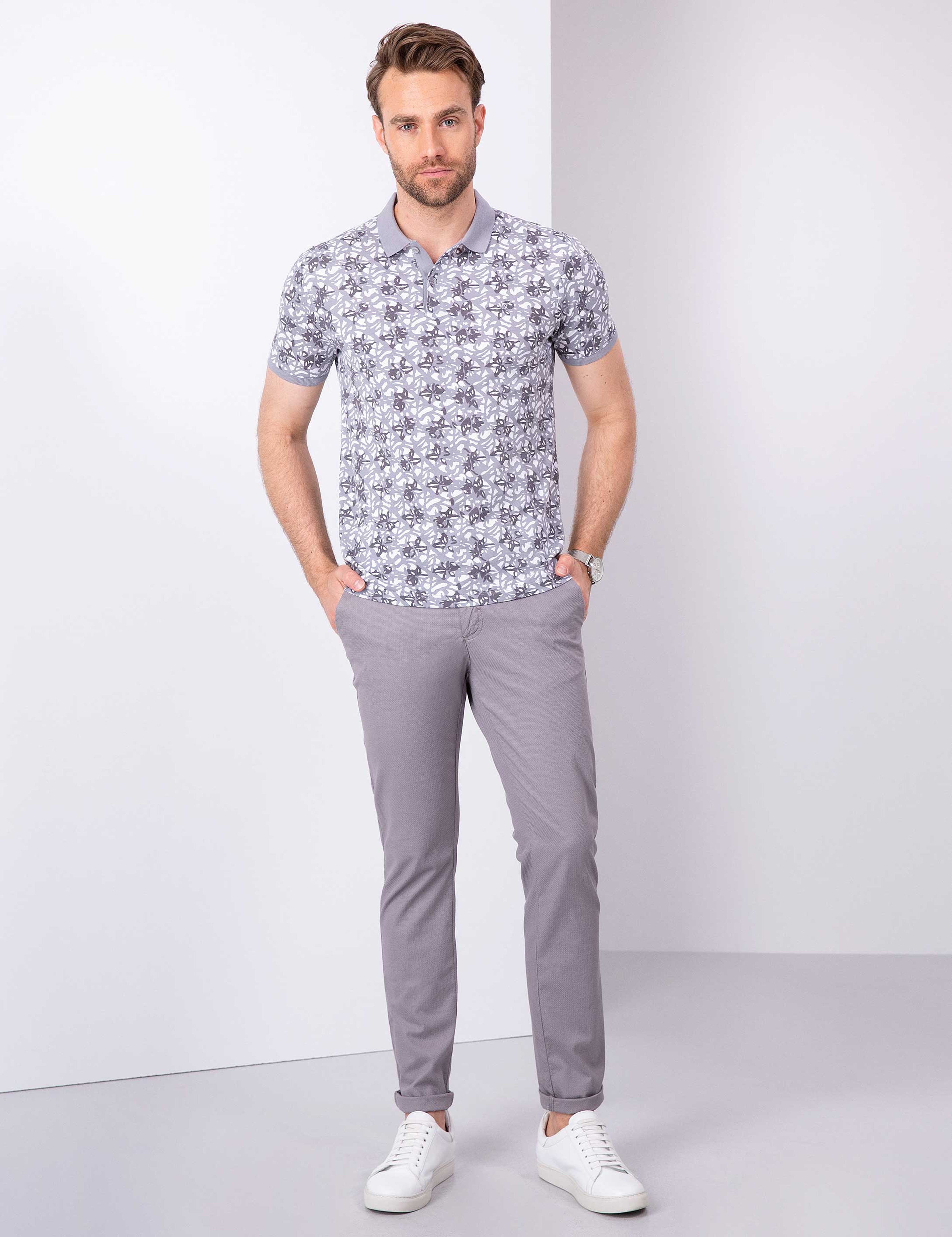 Gri Slim Fit Polo Yaka T-Shirt - Image 4