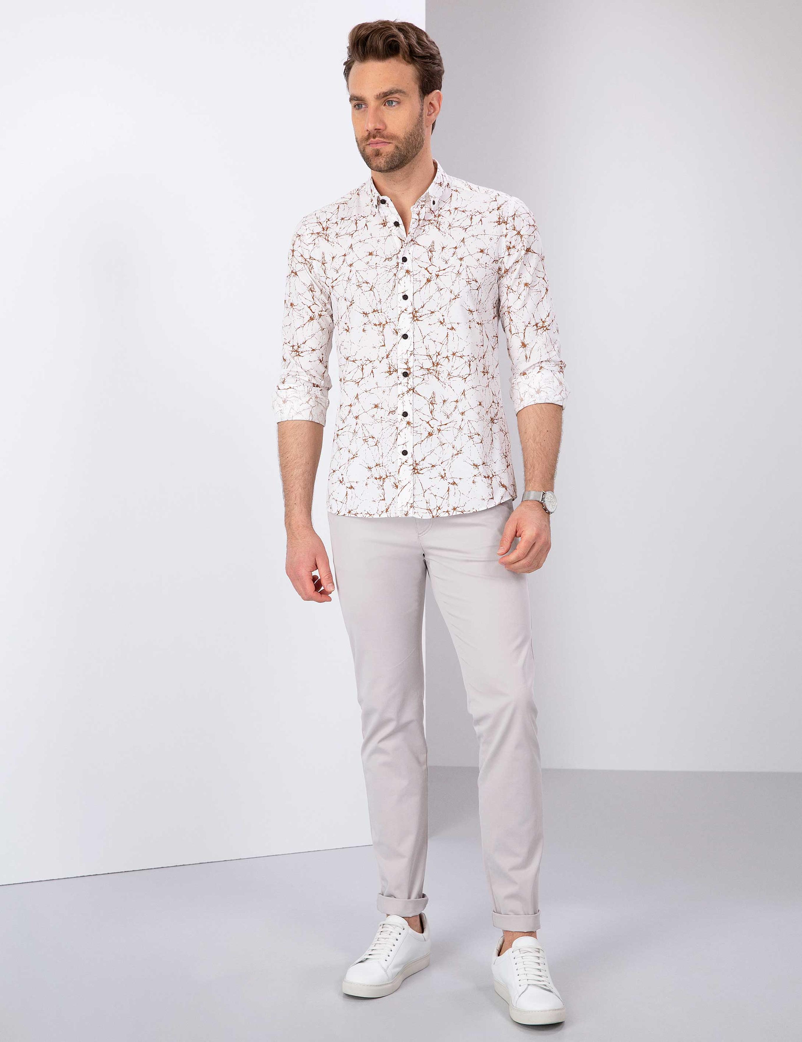 Kahverengi Slim Fit Uzun Kollu Gömlek