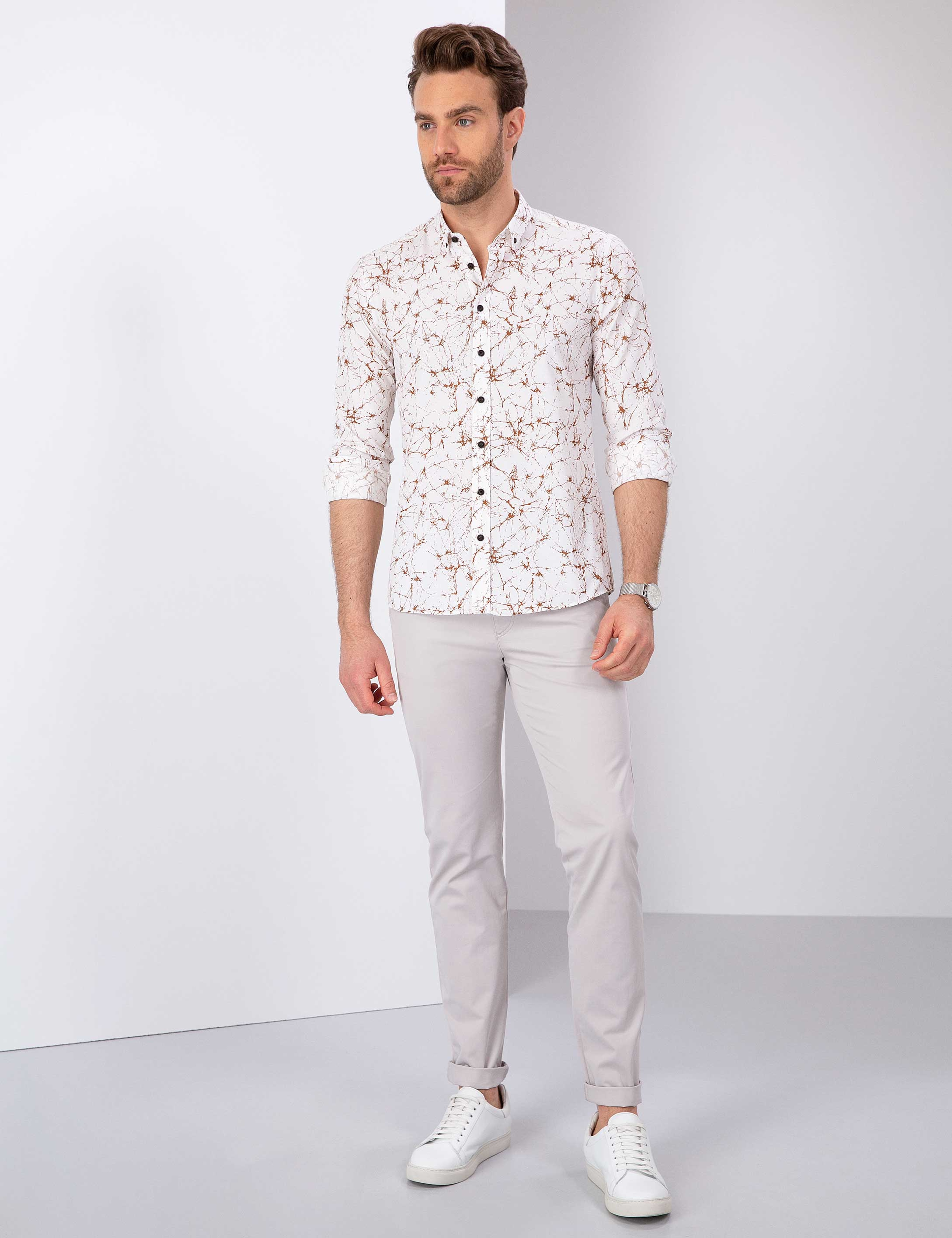 Kahverengi Slim Fit Uzun Kollu Gömlek
