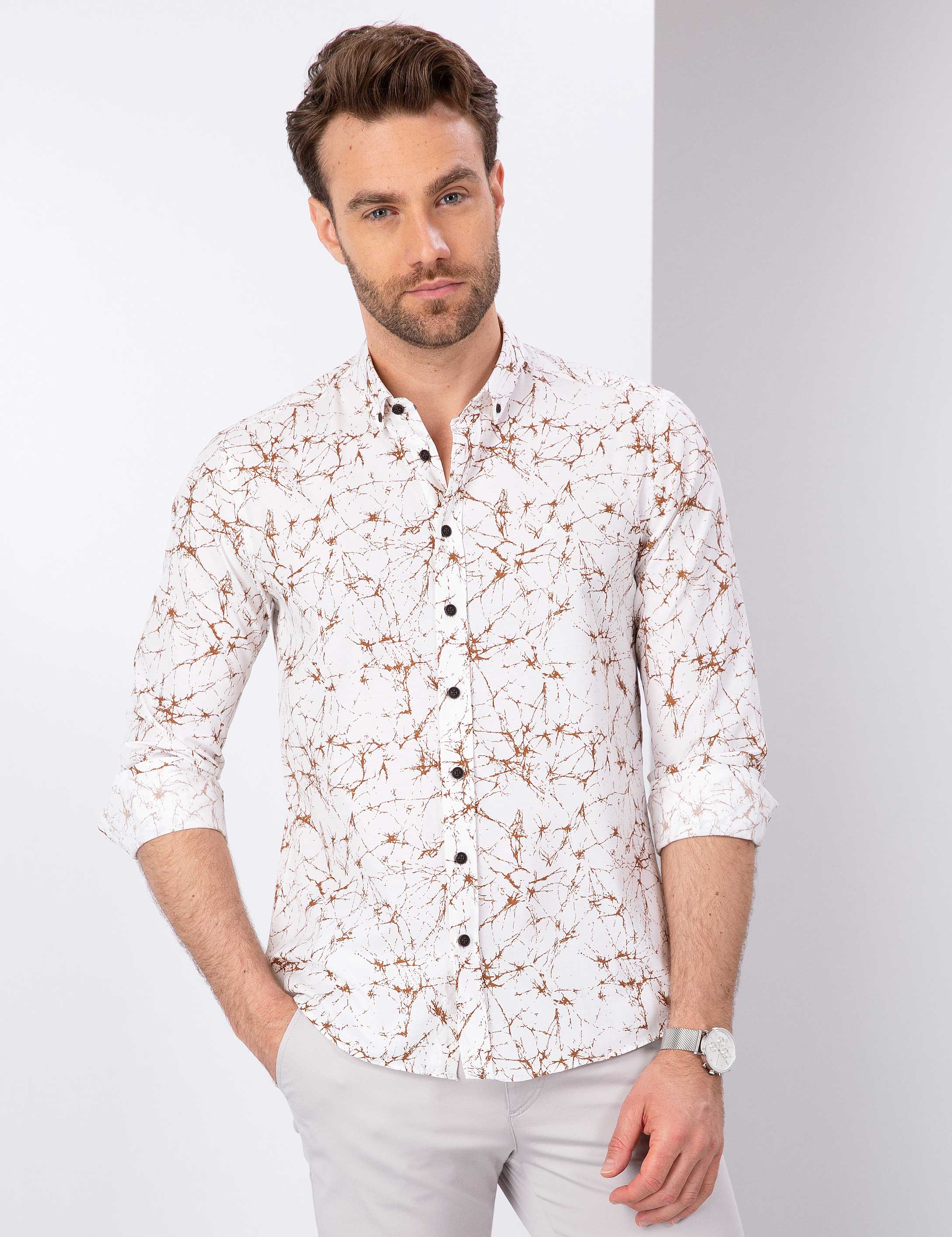 Kahverengi Slim Fit Uzun Kollu Gömlek - Image 1