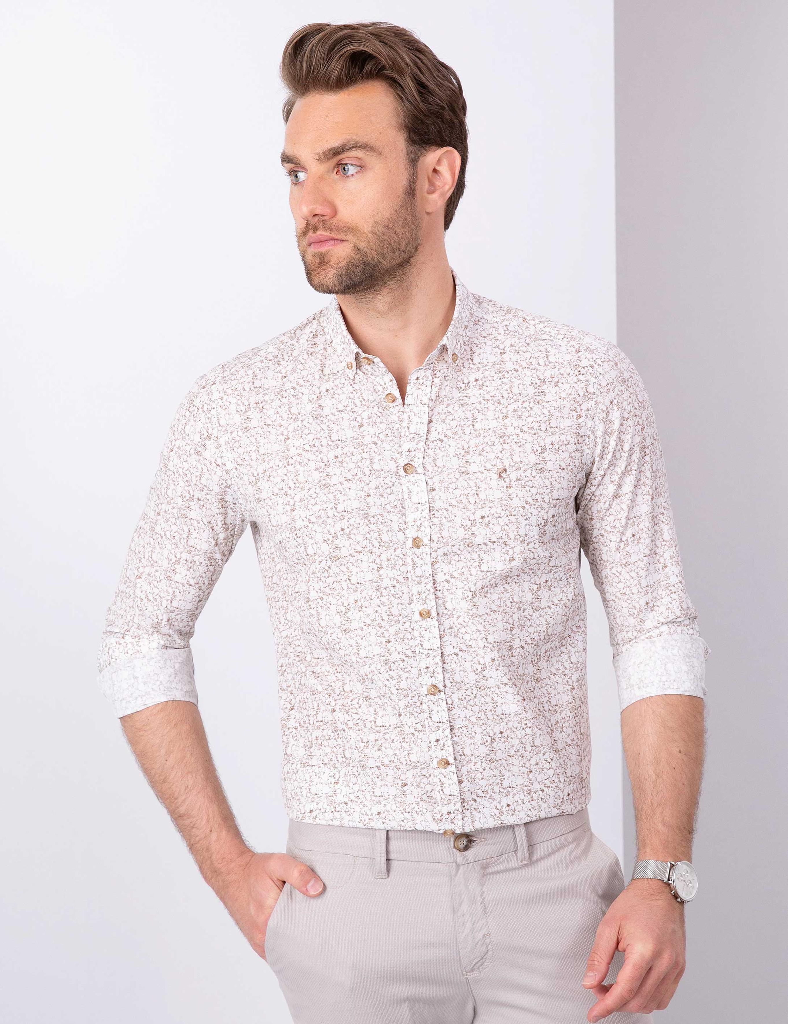 Bej Slim Fit Uzun Kollu Gömlek