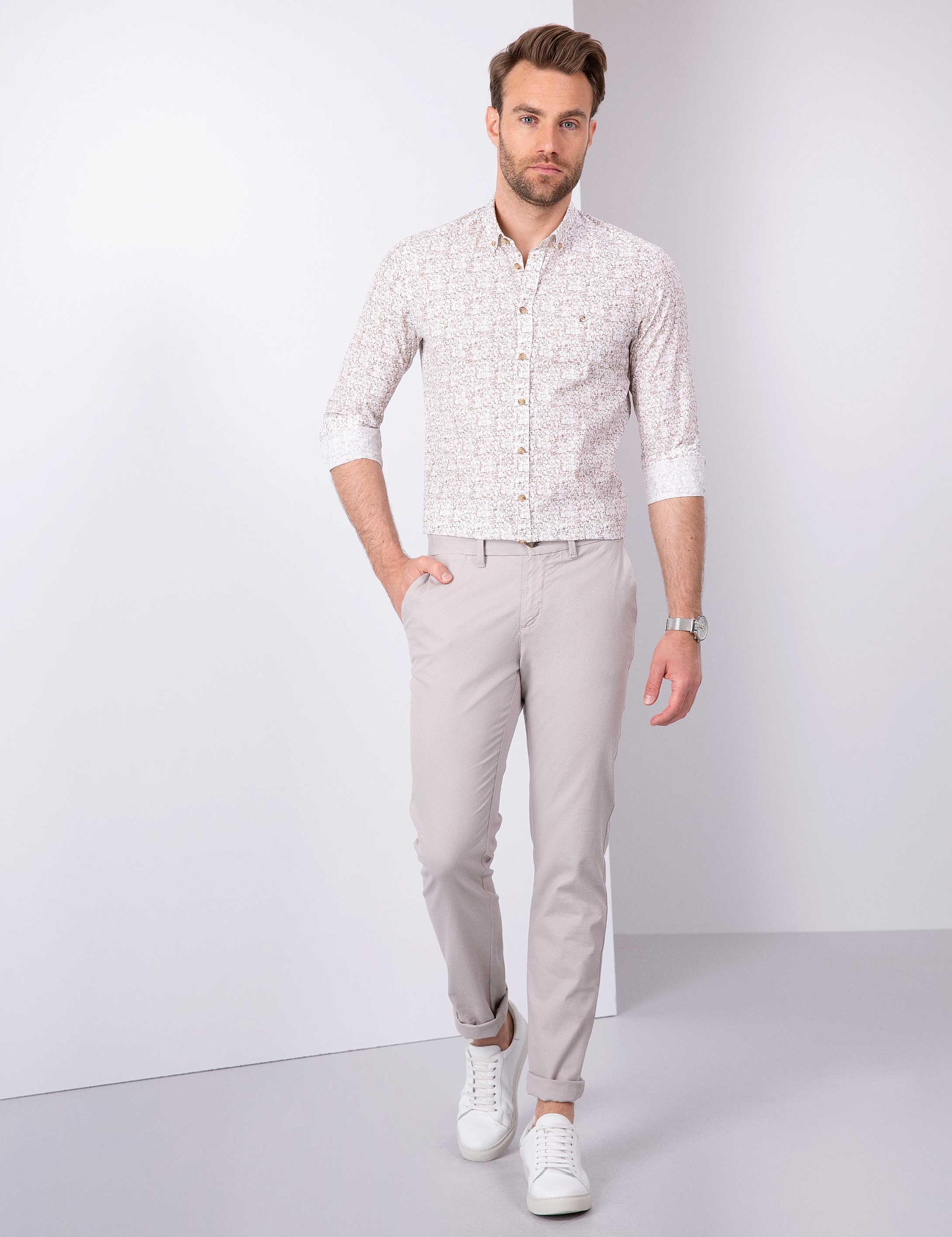 Bej Slim Fit Uzun Kollu Gömlek