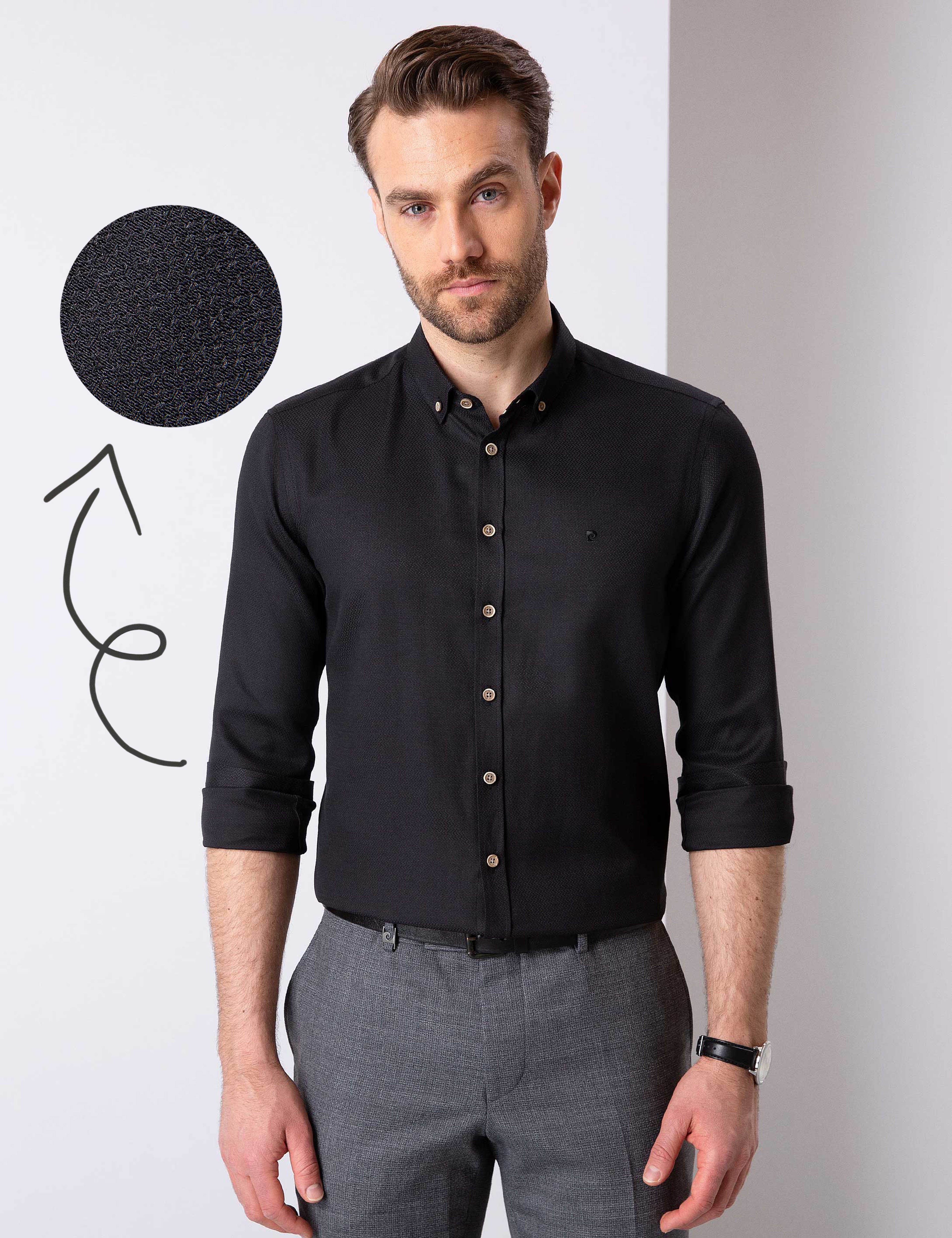 Siyah Slim Fit Armürlü Gömlek - Image 1