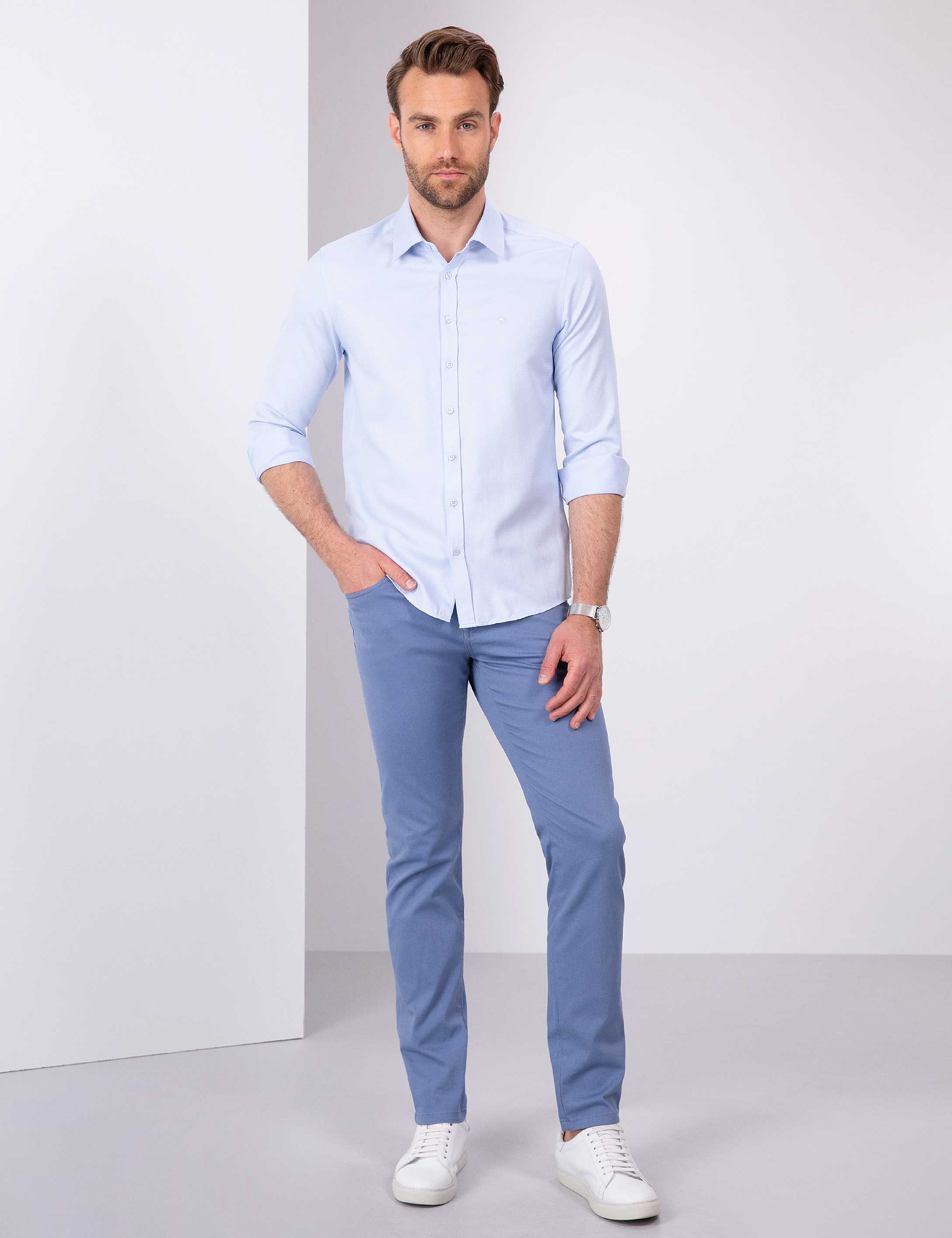 Açık Mavi Slim Fit Armürlü Gömlek - Image 4