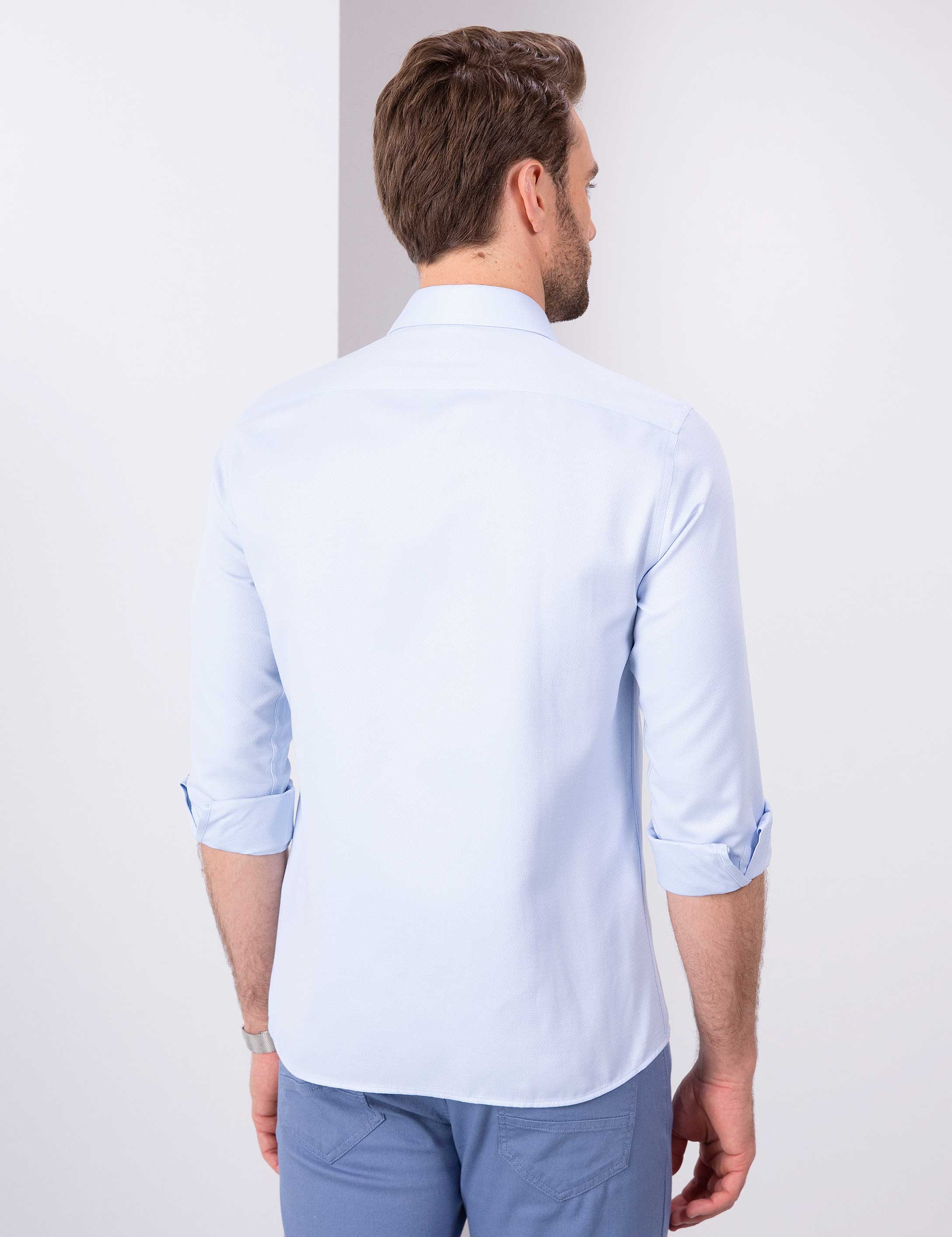 Açık Mavi Slim Fit Armürlü Gömlek - Image 3