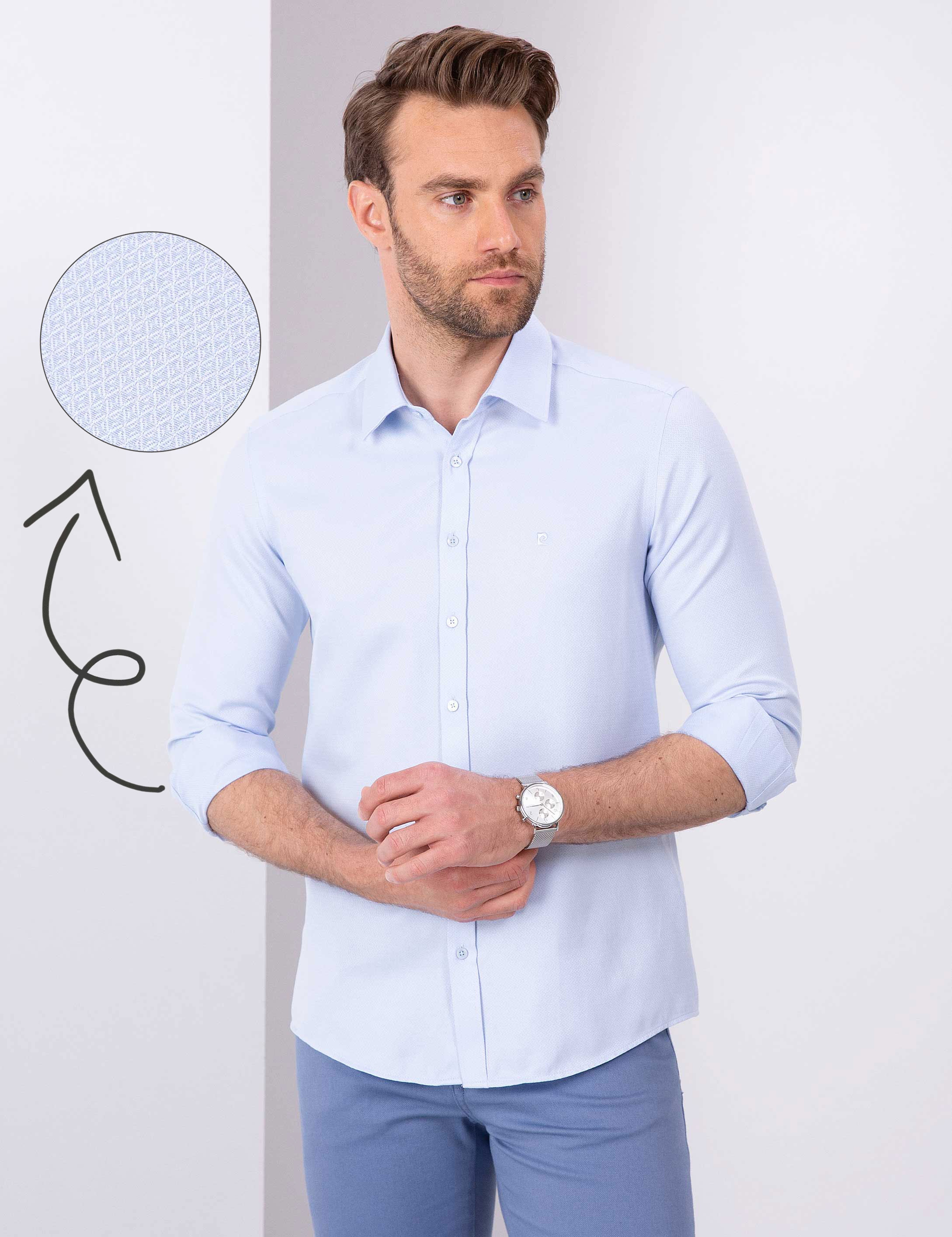 Açık Mavi Slim Fit Armürlü Gömlek - Image 1