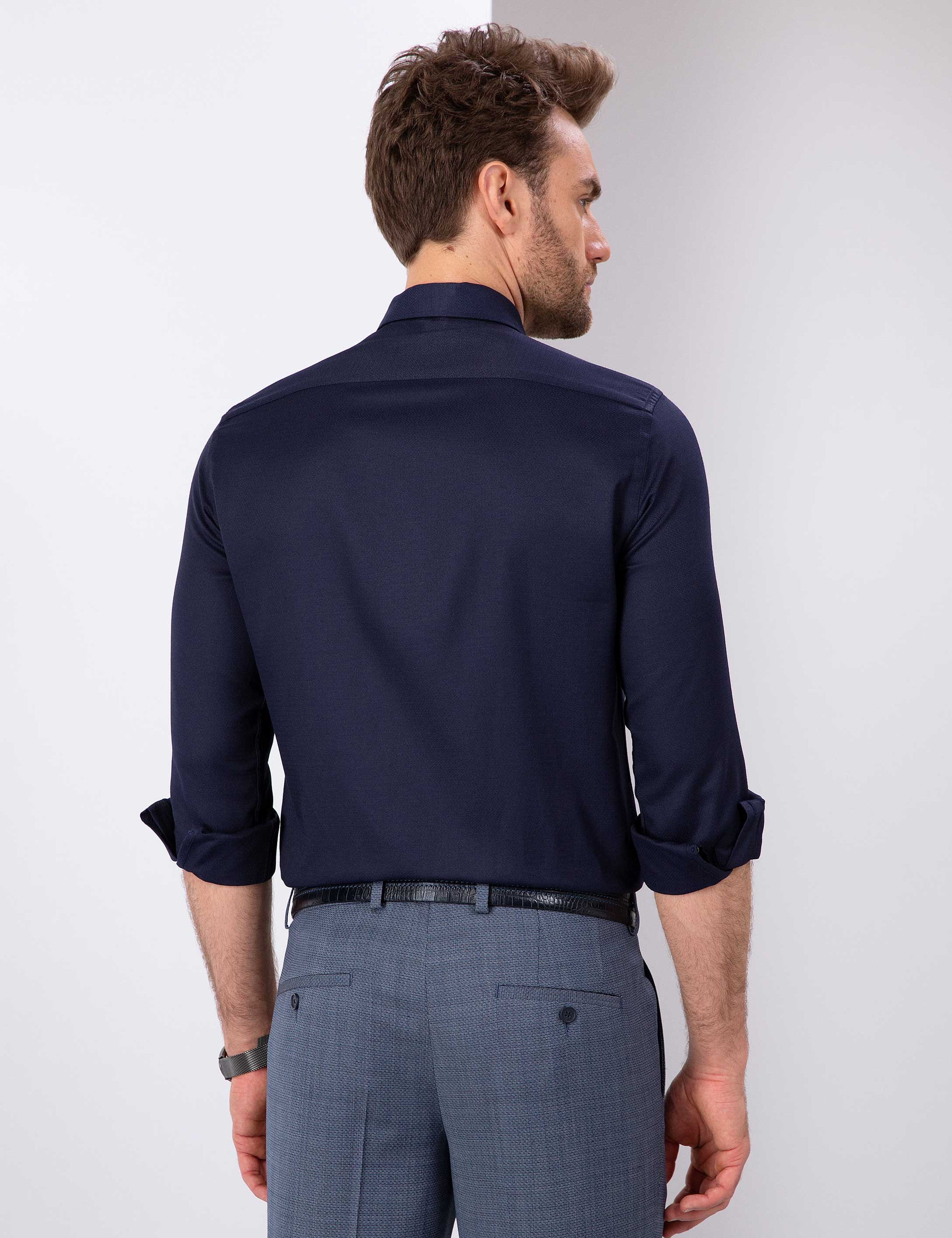 Lacivert Slim Fit Armürlü Gömlek