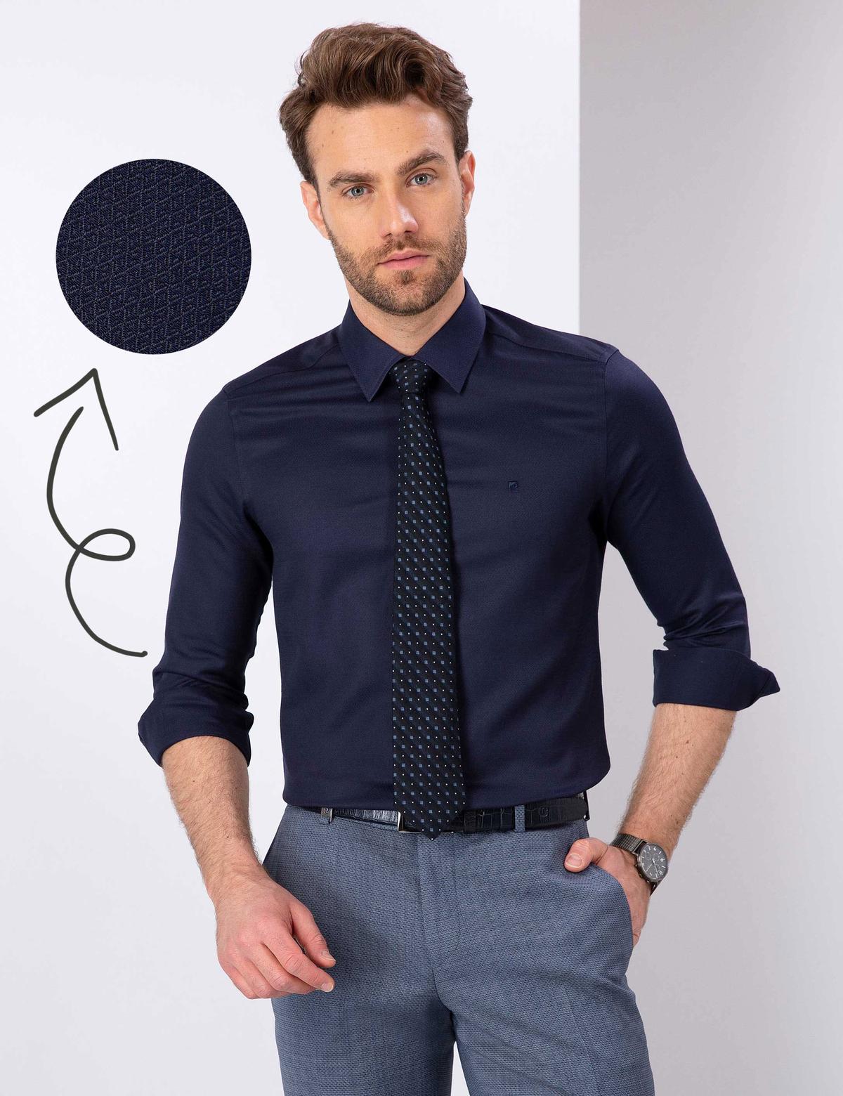 Lacivert Slim Fit Armürlü Gömlek