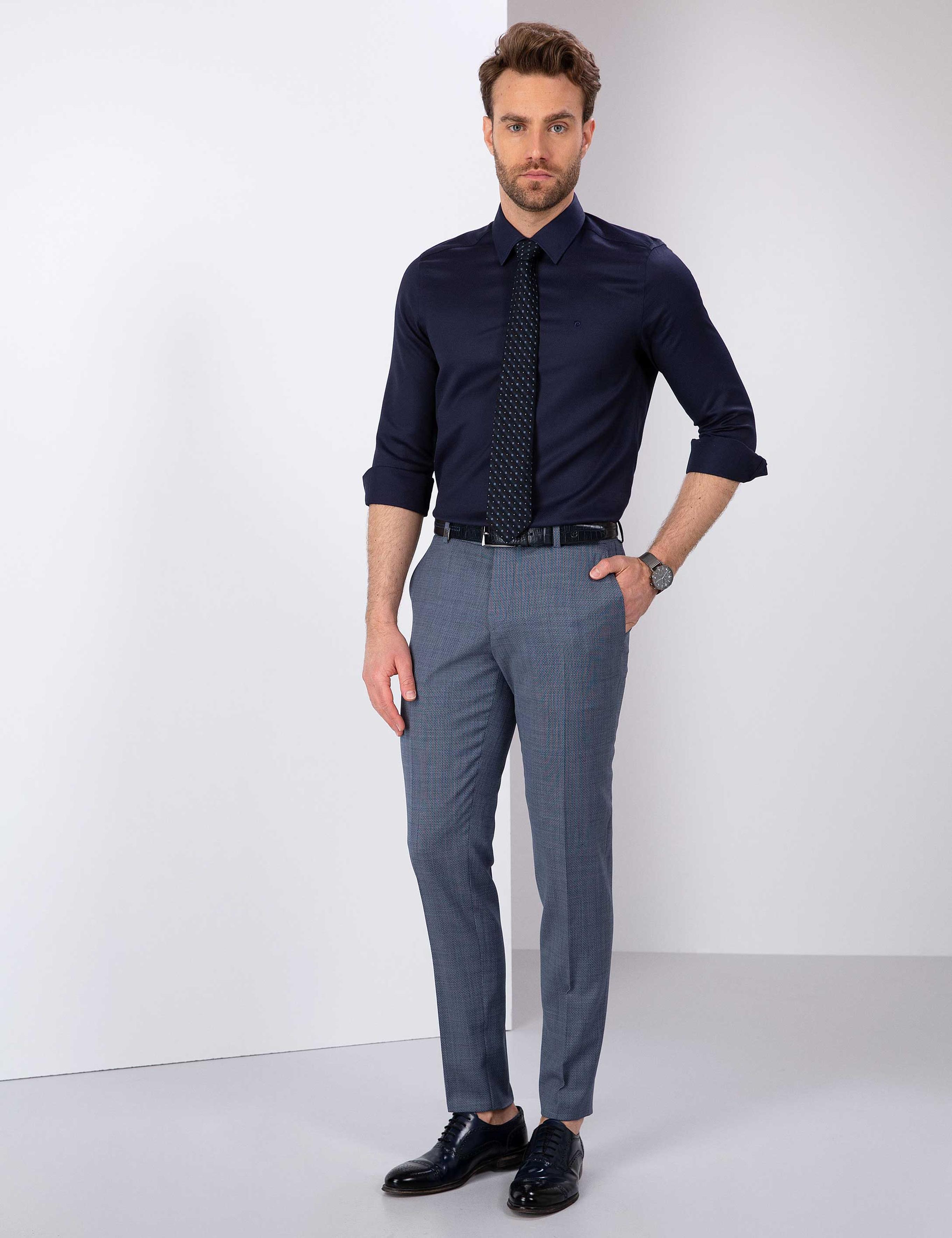 Lacivert Slim Fit Armürlü Gömlek