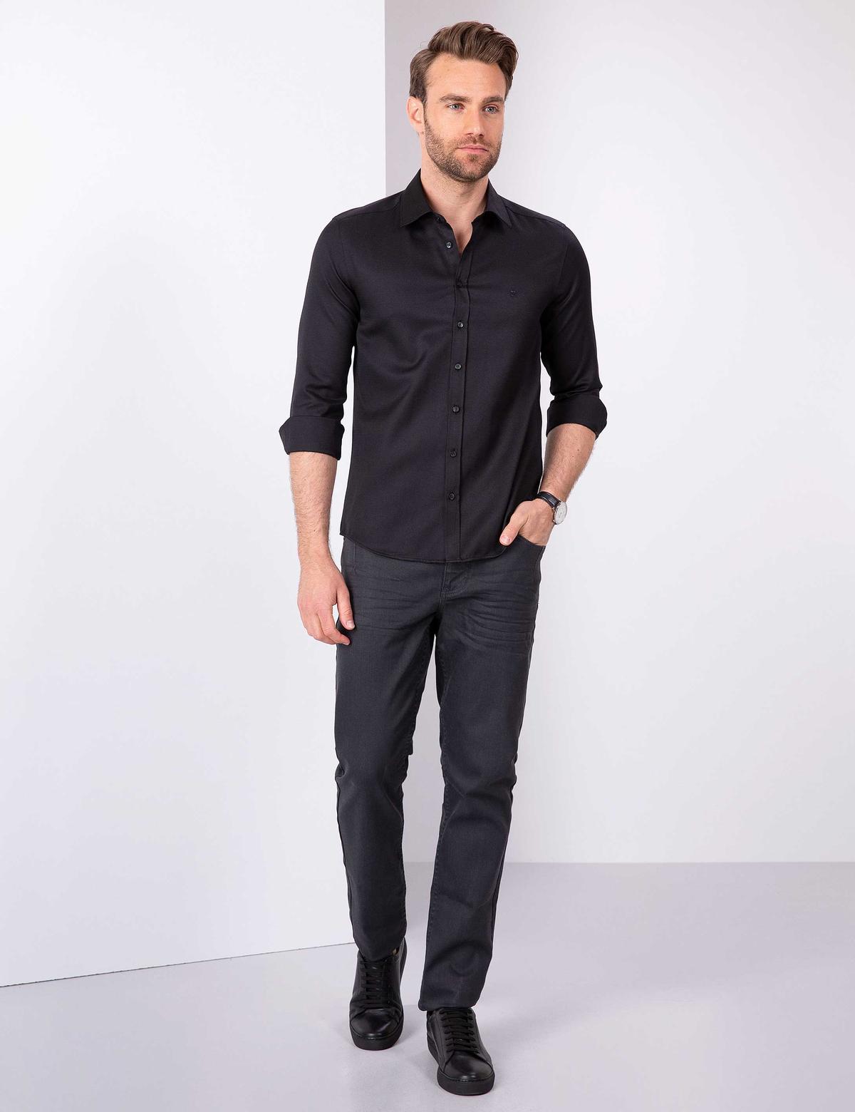 Siyah Slim Fit Armürlü Gömlek - 50211258034