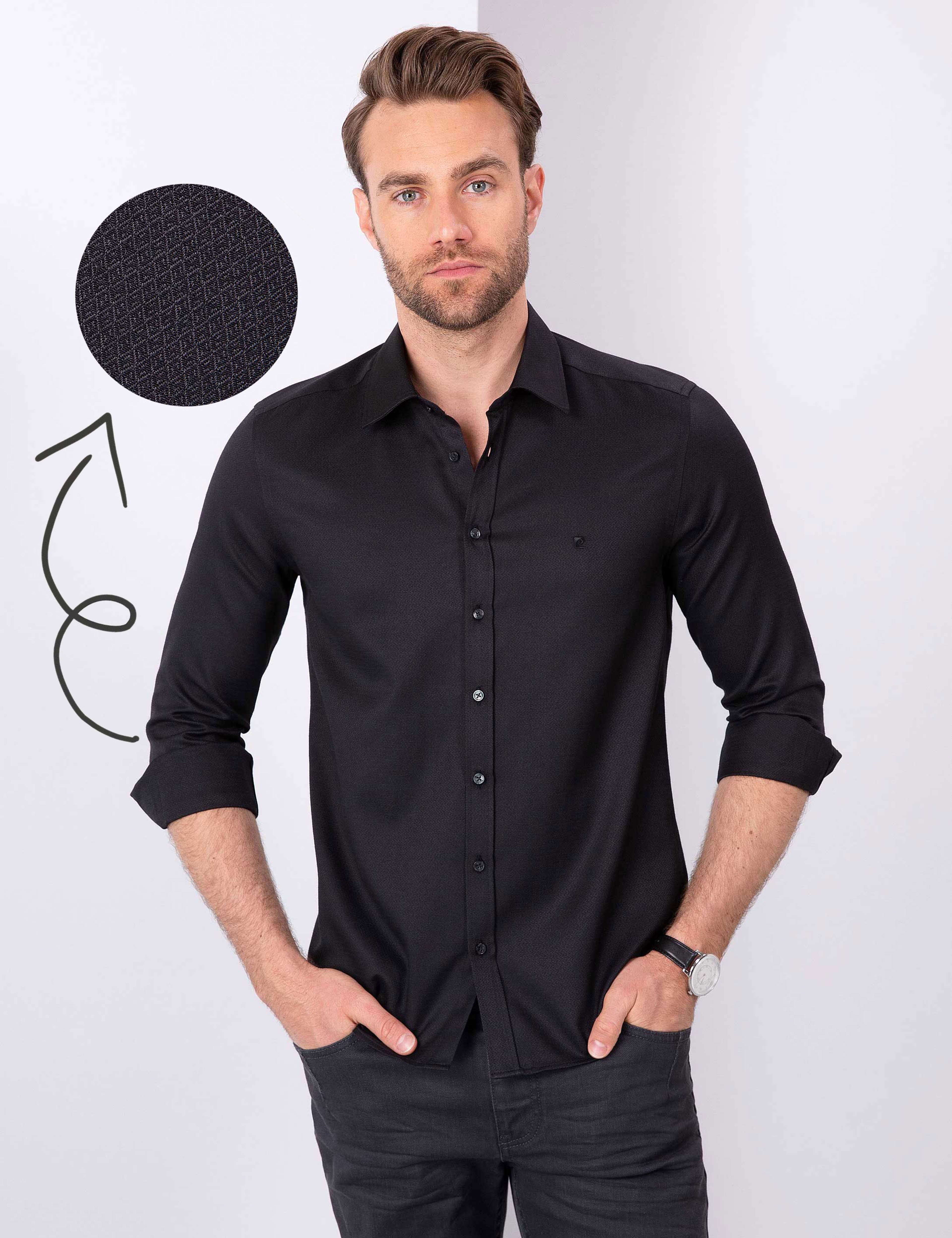 Siyah Slim Fit Armürlü Gömlek - Image 1