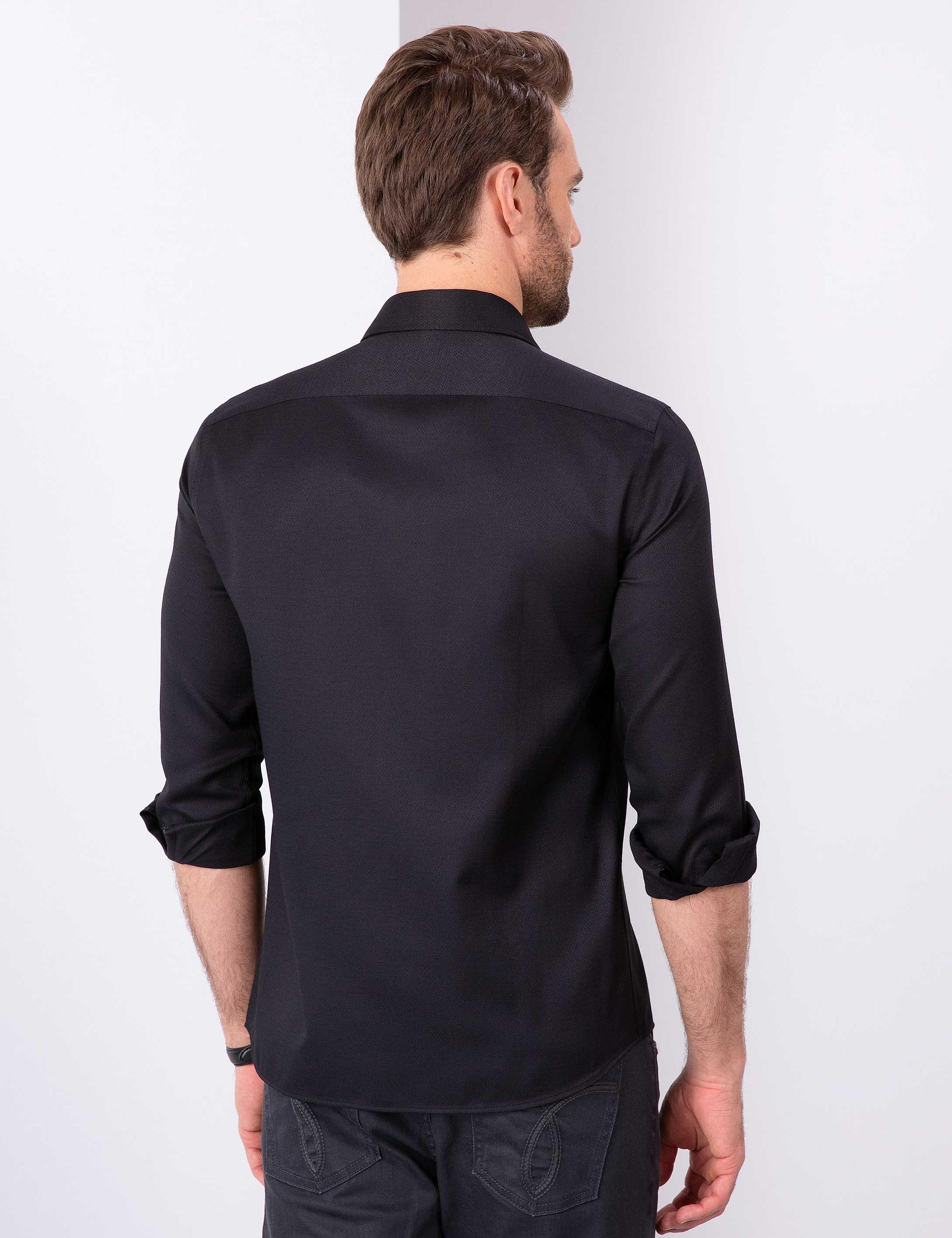 Siyah Slim Fit Armürlü Gömlek