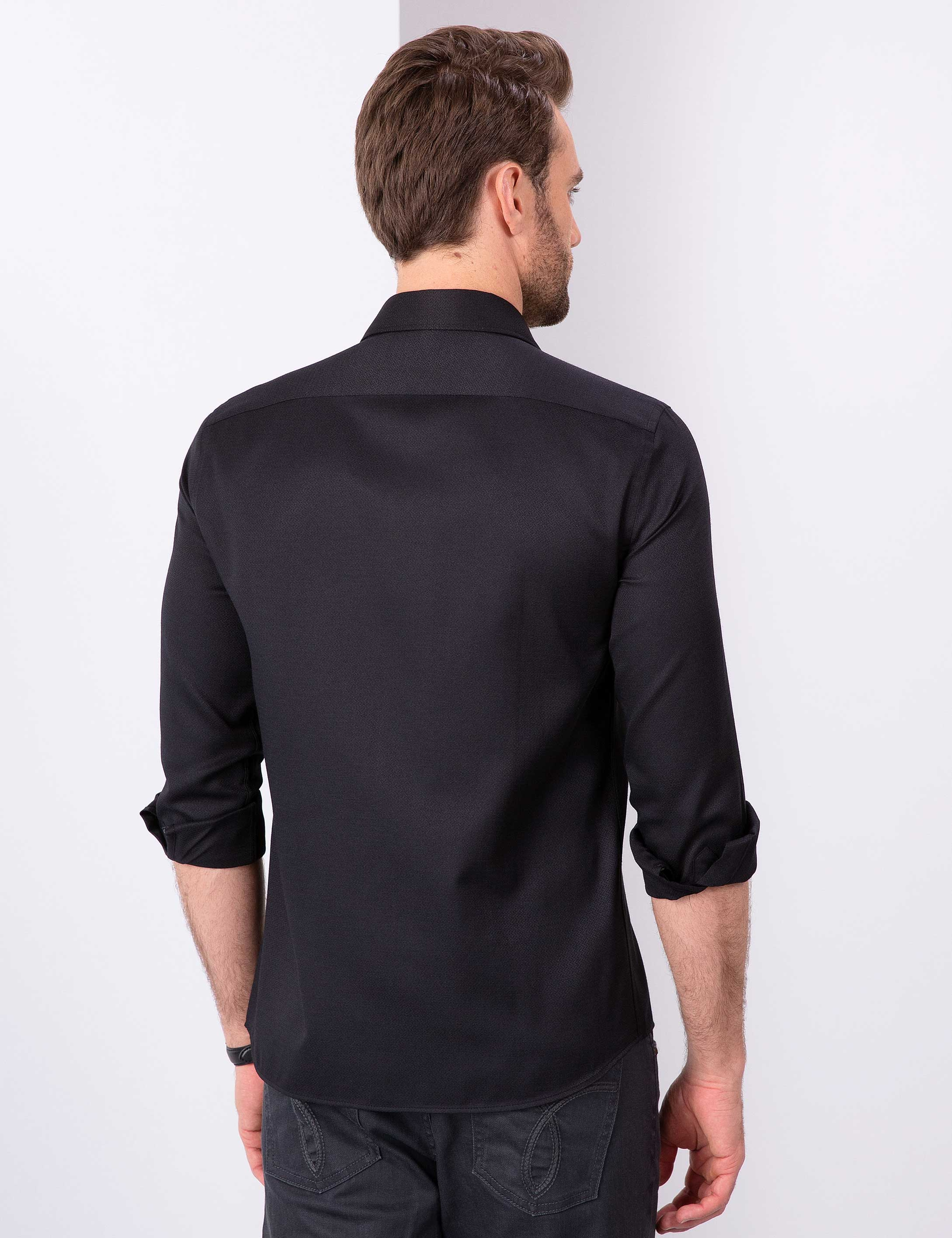 Siyah Slim Fit Armürlü Gömlek - Image 3