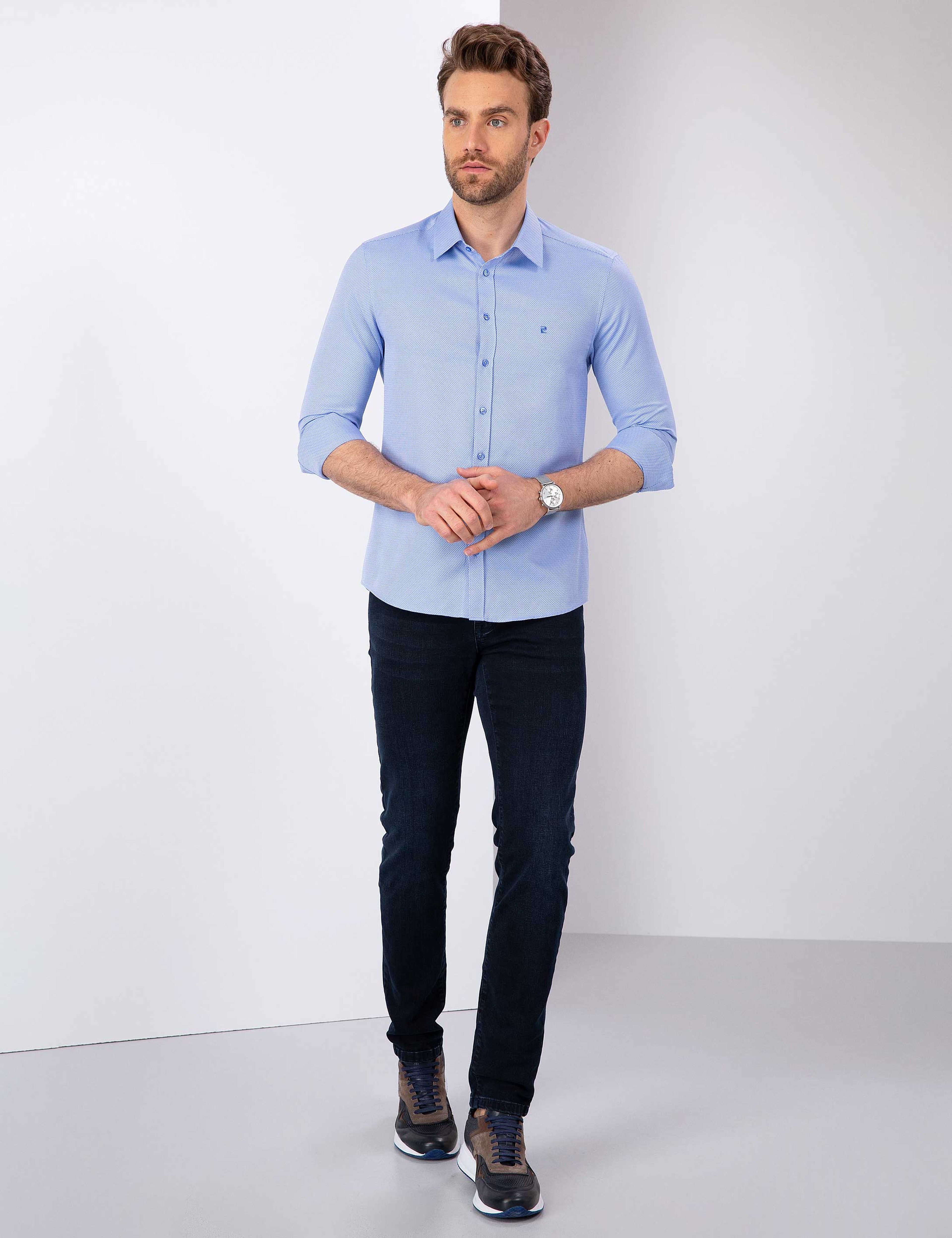 Mavi Slim Fit Armürlü Gömlek - Image 4