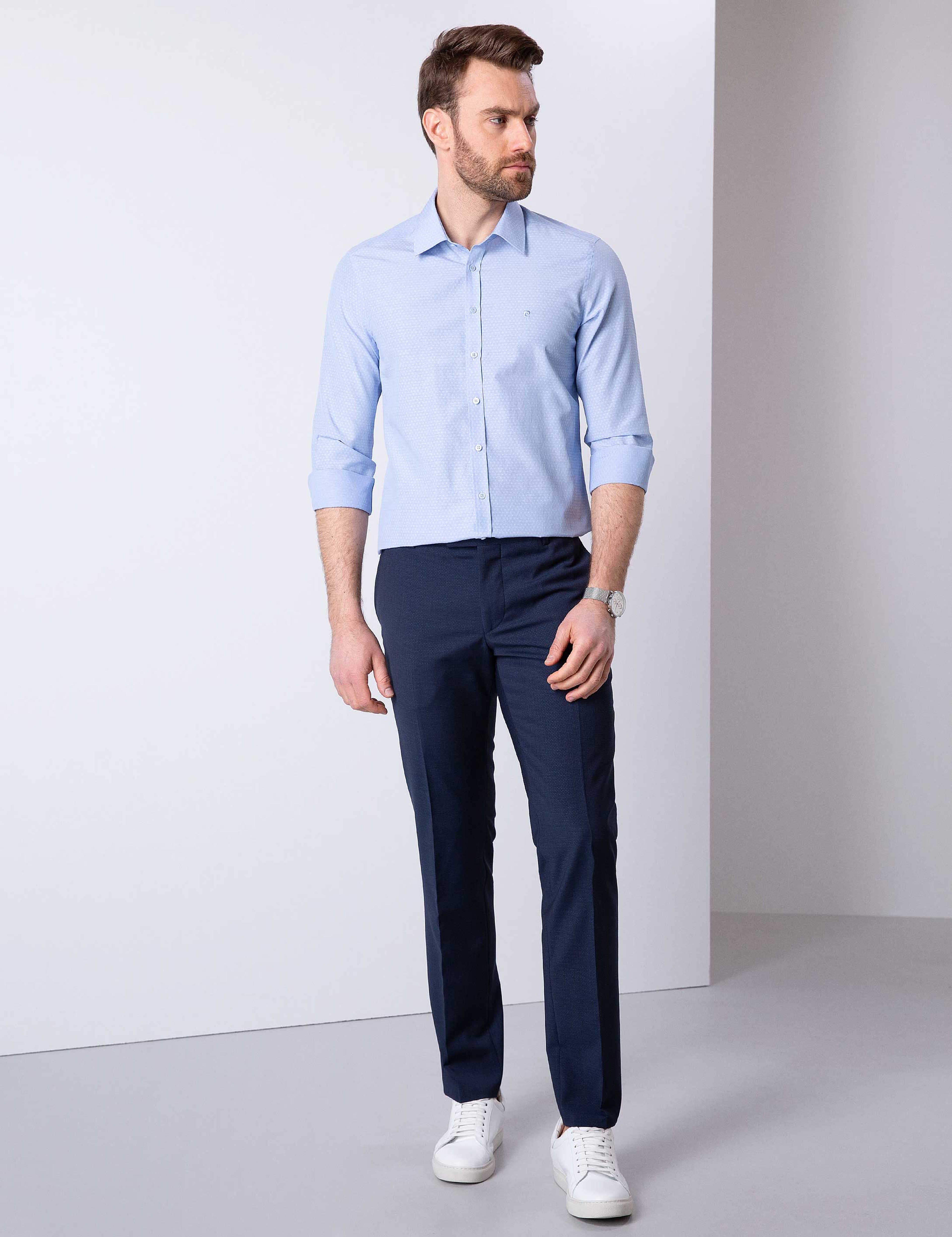 Açık Mavi Slim Fit Armürlü Gömlek - Image 2