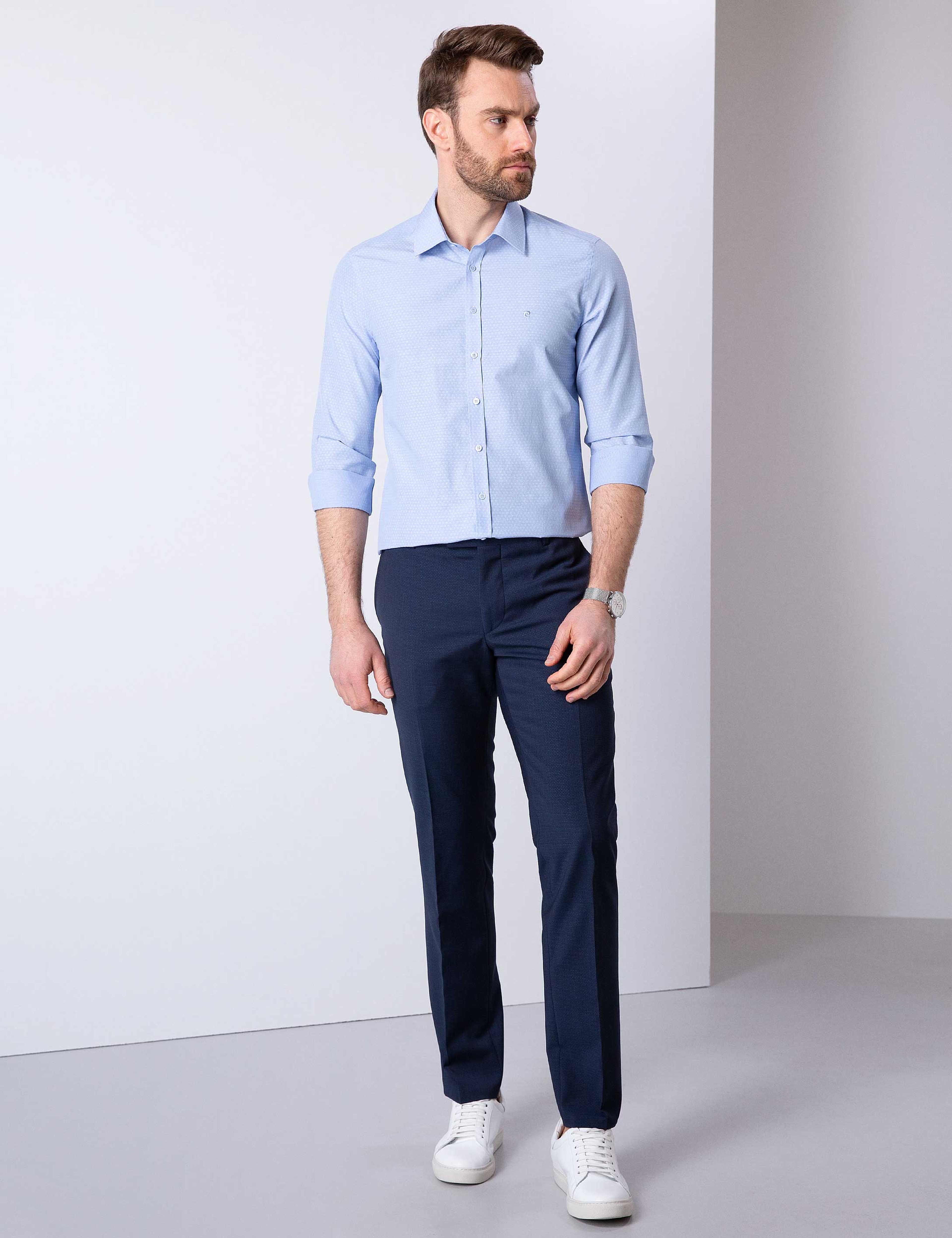 Açık Mavi Slim Fit Armürlü Gömlek