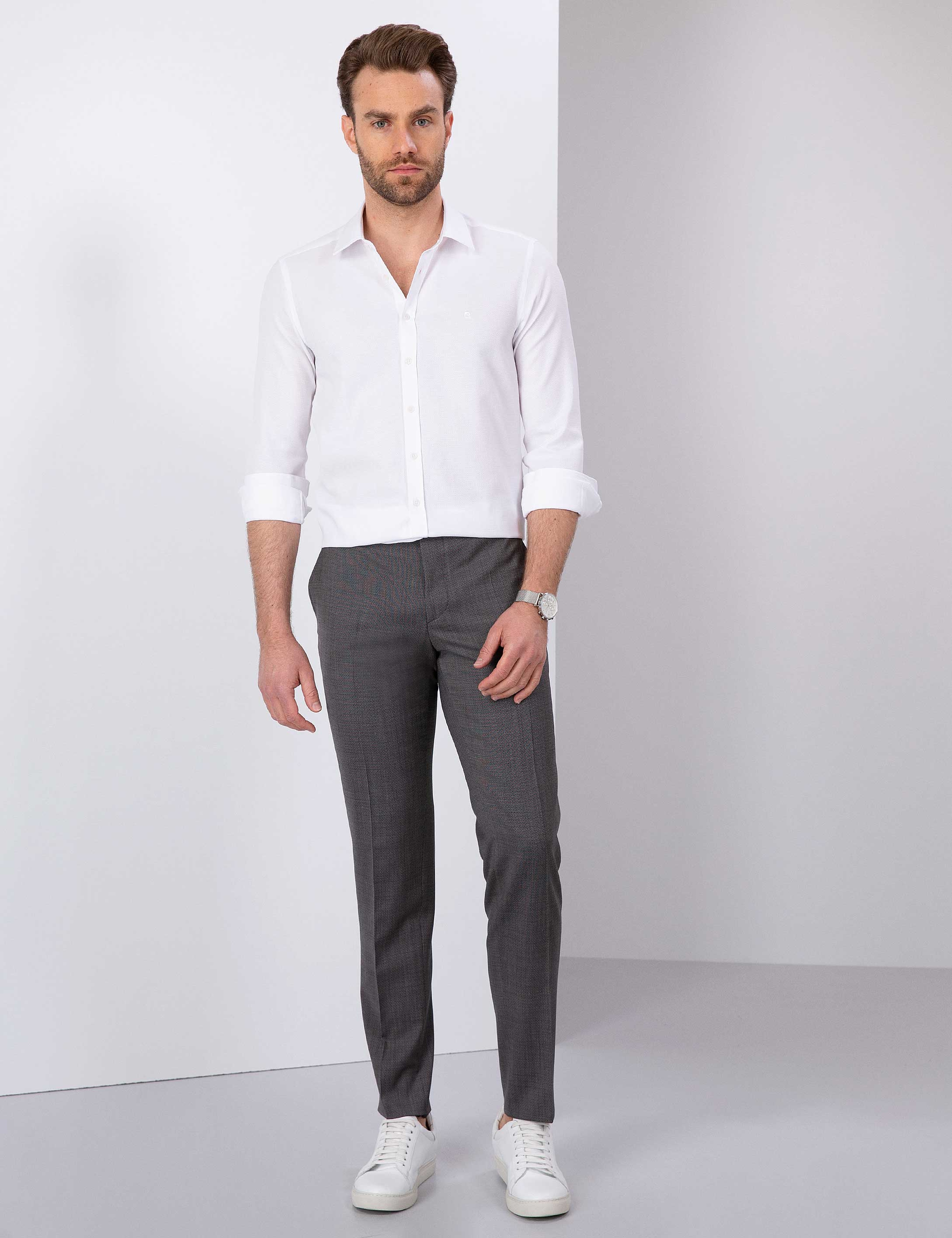 Beyaz Slim Fit Armürlü Gömlek - Image 4