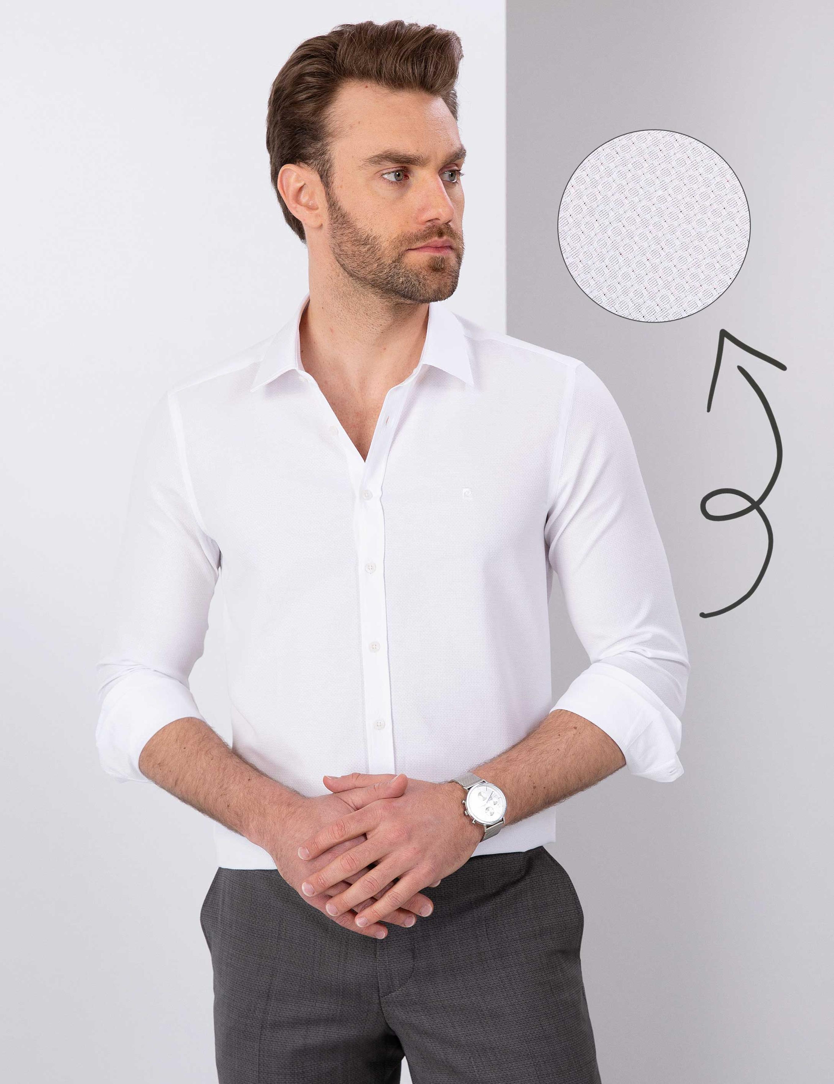 Beyaz Slim Fit Armürlü Gömlek