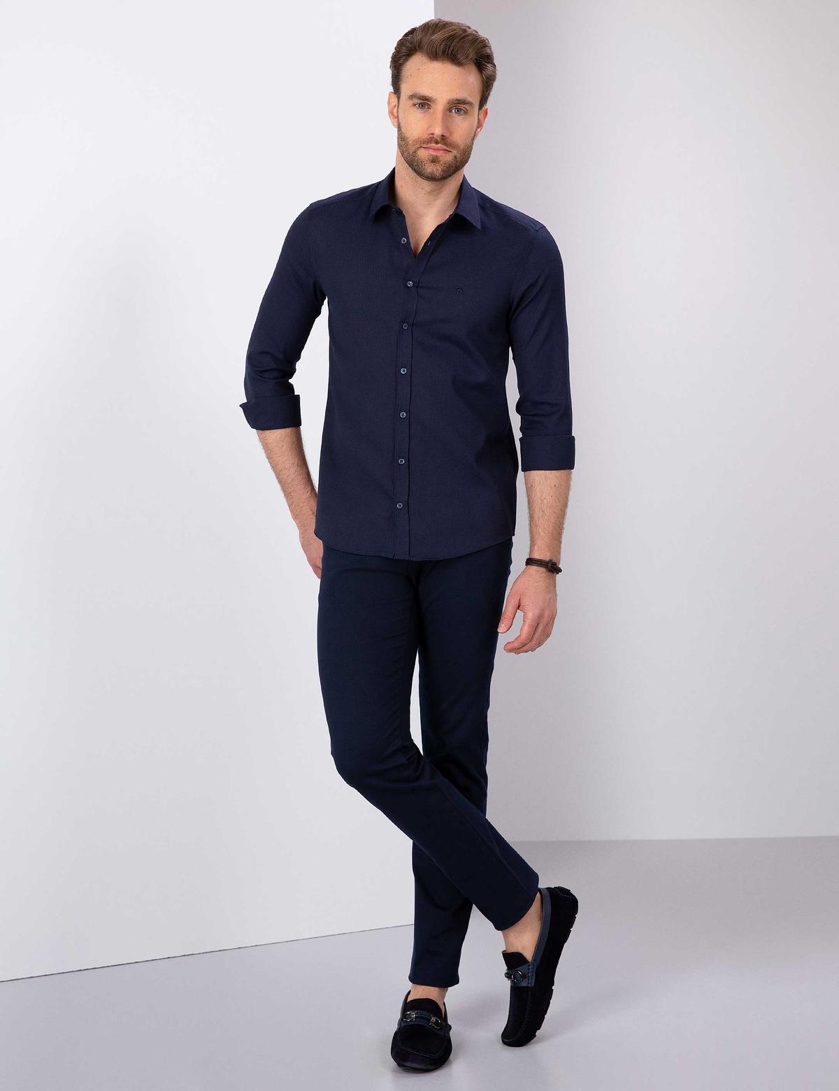 Lacivert Slim Fit Armürlü Gömlek - 50211262025