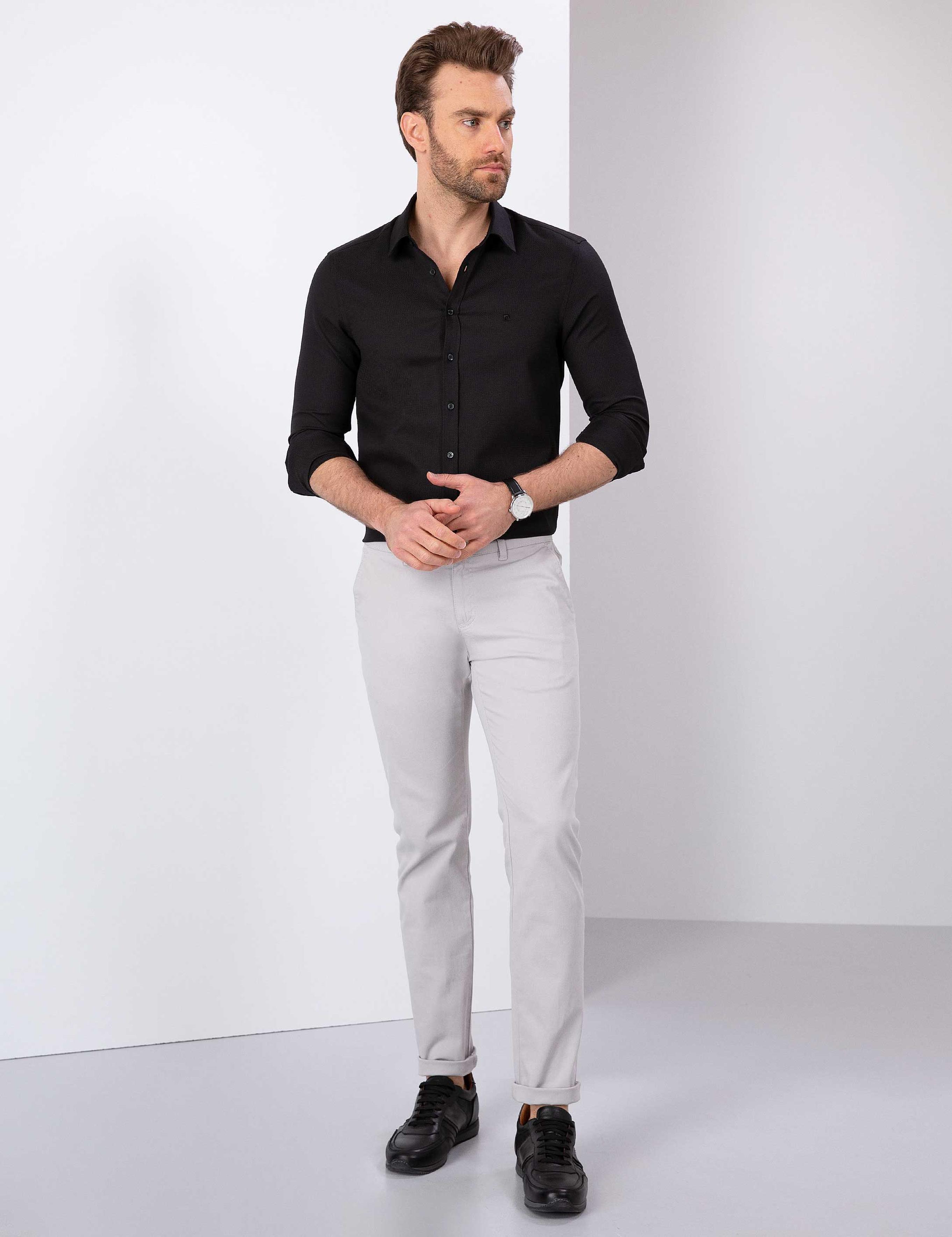 Siyah Slim Fit Armürlü Gömlek