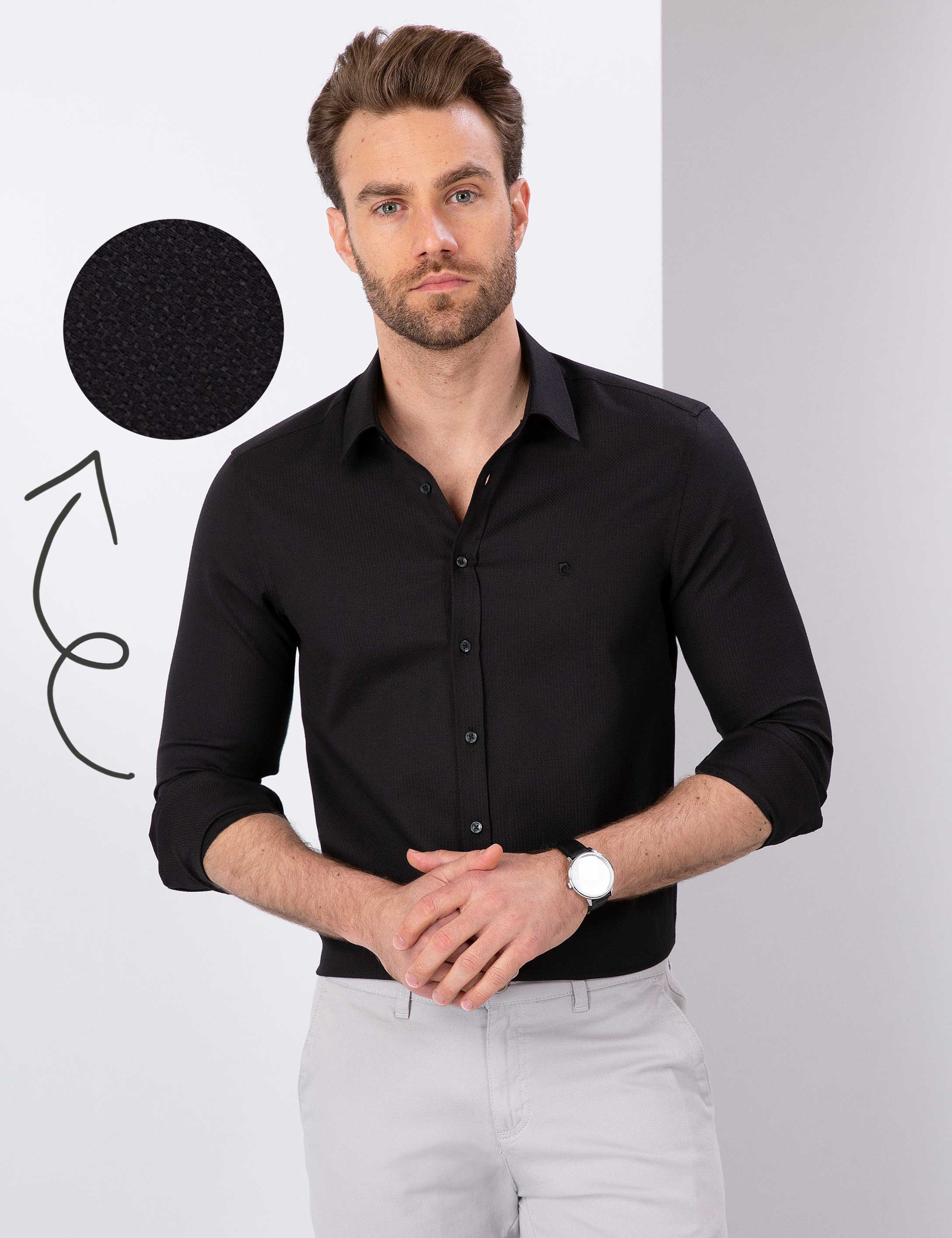 Siyah Slim Fit Armürlü Gömlek - Image 1